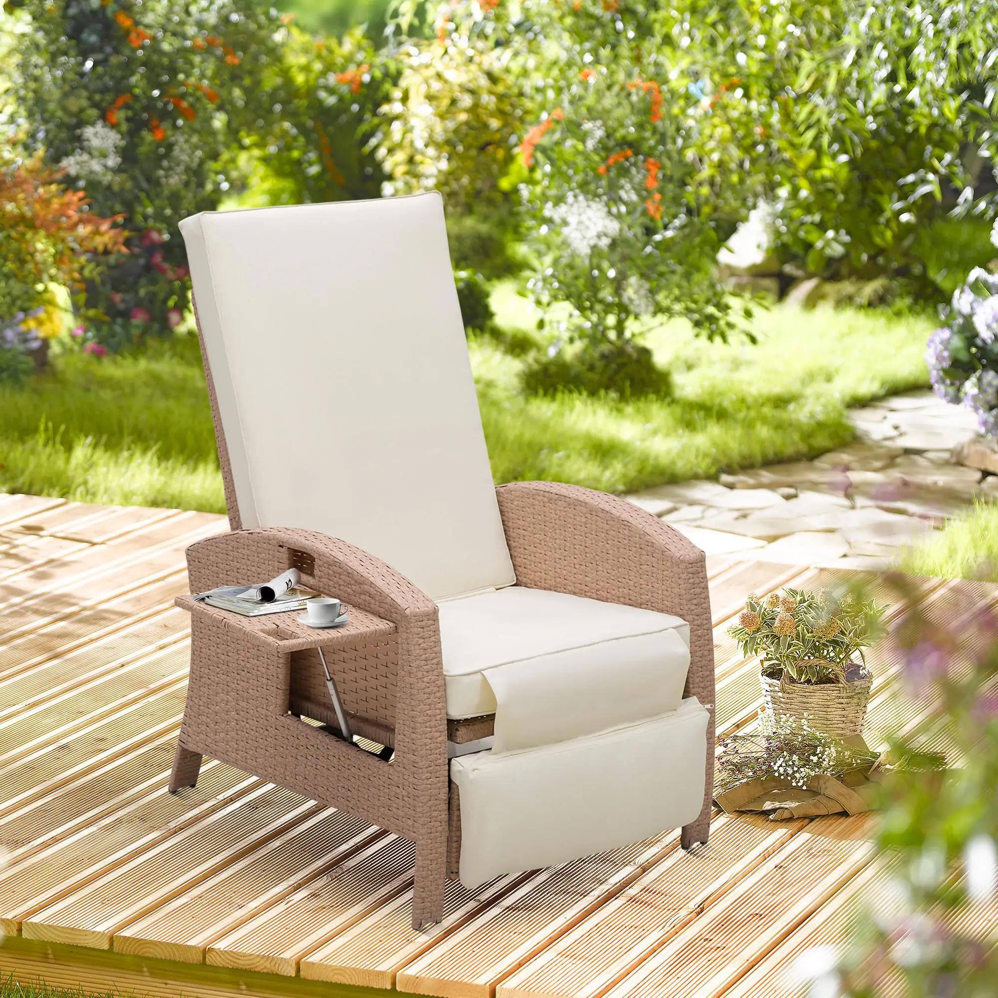 Alt View 7. Resenkos - Resenkos Patio Recliner, Outdoor Reclining Chair with Flip-Up Side Table, All-Weather Wicker Metal Frame Chaise, Beige - Beige.