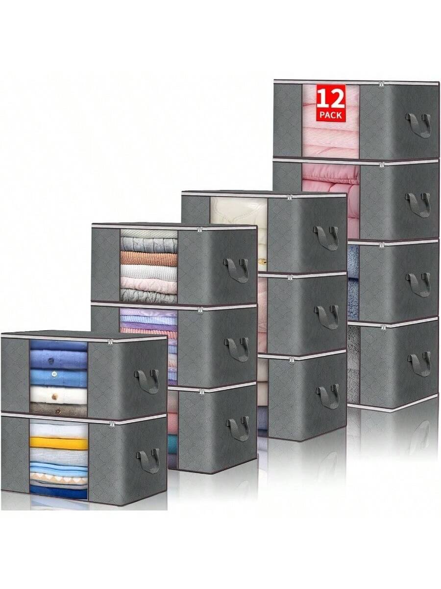 Front. Live At Space - Clothes Storage, Foldable Large Blanket Storage Bags with Zippers, and Organization Clothing, Comforter, Bedding, Toys, - Gray + 12 pack.