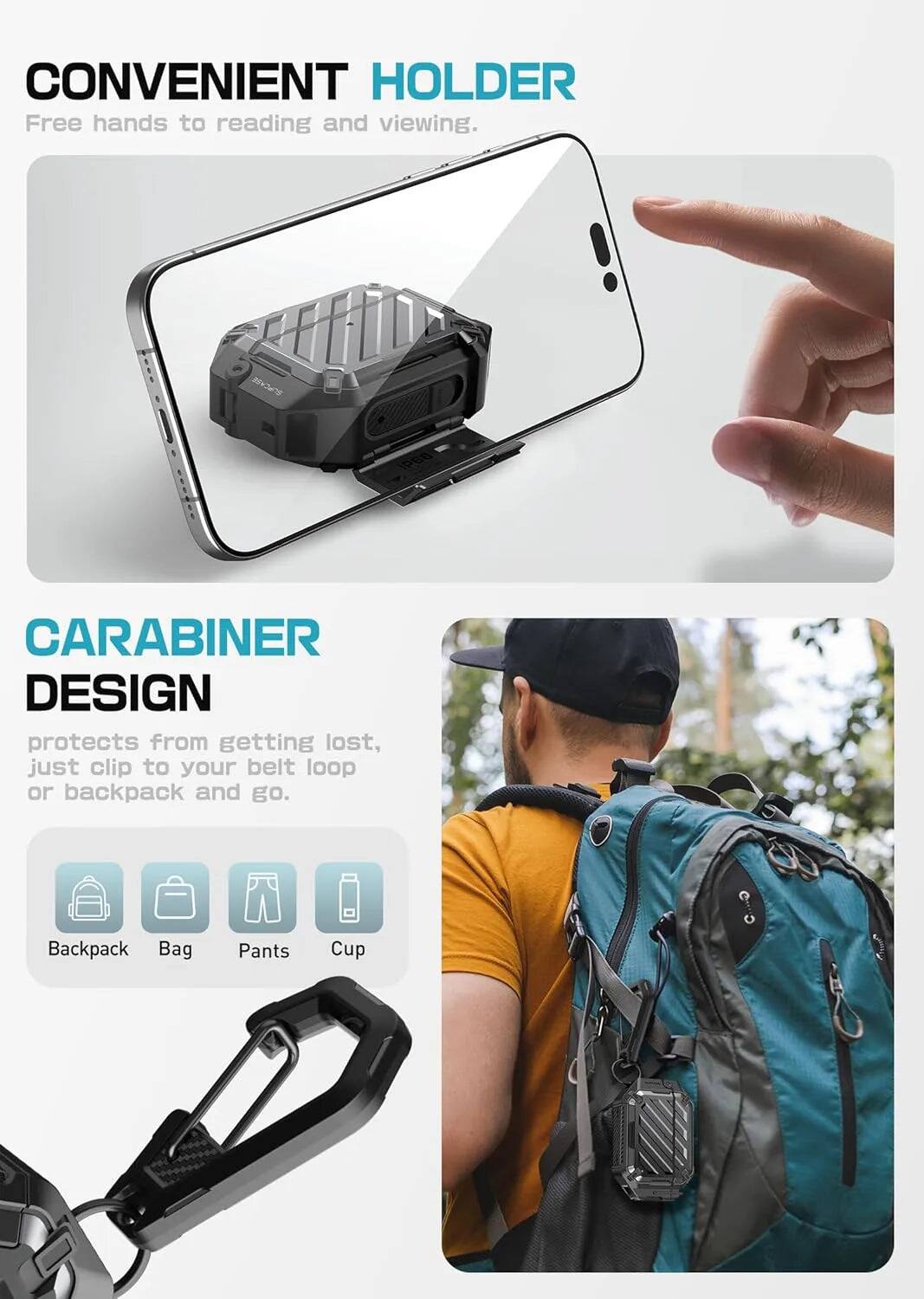 CONVENIENT HOLDER  
Free hands to reading and viewing.

CARABINER DESIGN  
Protects from getting lost, just clip to your belt loop or backpack and go.  
Backpack Bag Pants Cup