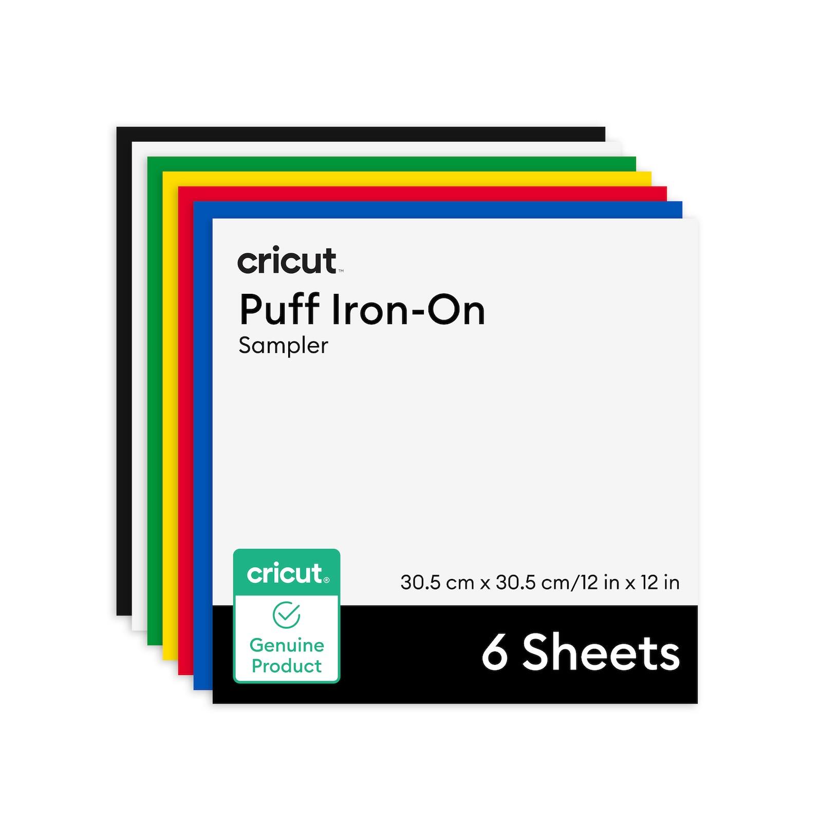 cricut  
Puff Iron-On Sampler  

30.5 cm x 30.5 cm / 12 in x 12 in  

6 Sheets  

Genuine Product