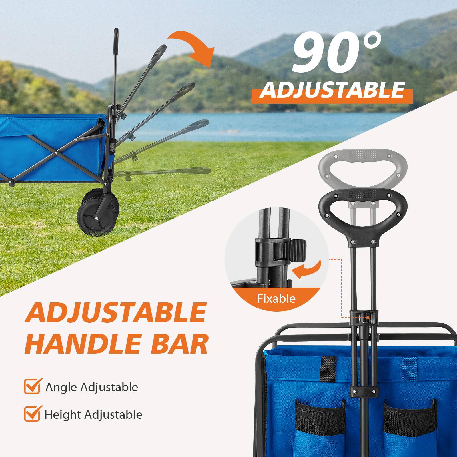 The text on the image reads "90° Adjustable Fixable Adjustable Handle Bar Angle Adjustable Height Adjustable."