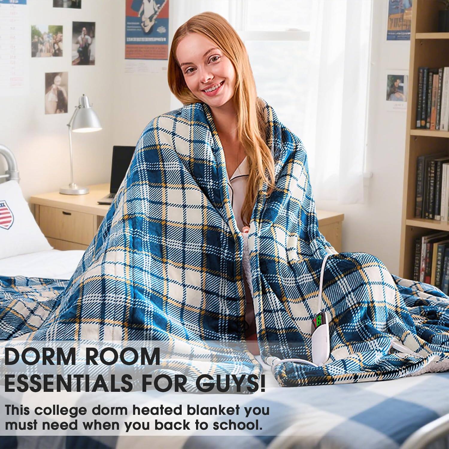 Left. blue - Paaaawaters Heated Blanket Electric Throw, Heating Throw with 10 Levels 8 Hours Auto Off, Blue Plaid Sherpa - color:BlackPlaid+size:62"x84".