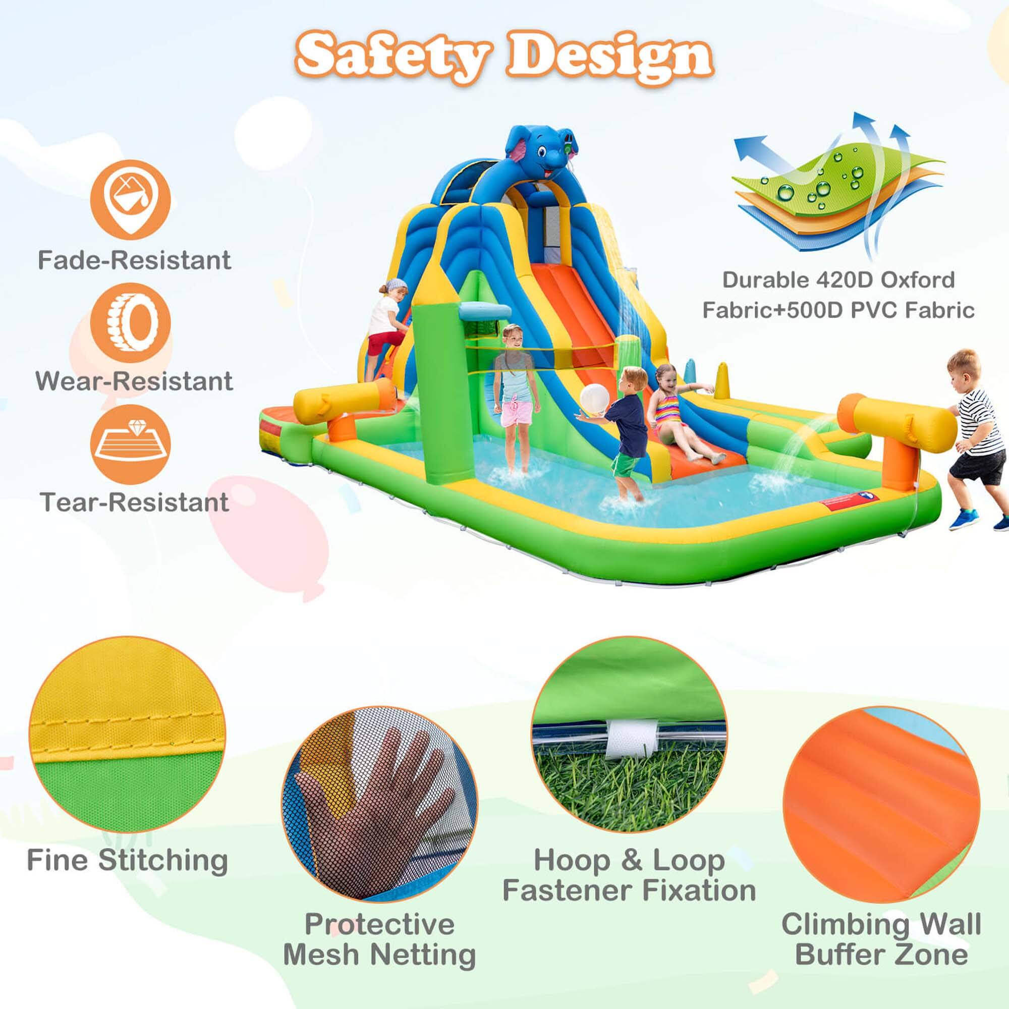 The text on the image is grouped and corrected as follows:

Safety Design:

* Fade-Resistant
* Durable 420D Oxford Fabric
* 500D PVC Fabric
* Wear-Resistant
* Tear-Resistant
* Fine Stitching
* Hoop & Loop Fastener Fixation
* Protective Climbing Wall
* Mesh Netting
* Buffer Zone