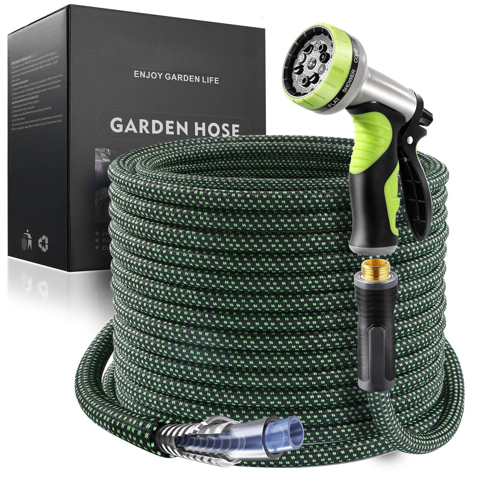 JETRANSPORT - 50ft Metal Garden Hose - Stainless Steel Heavy Duty Flexible & Lightweight Never Kink And Tangle With 10-func - Green 50FT