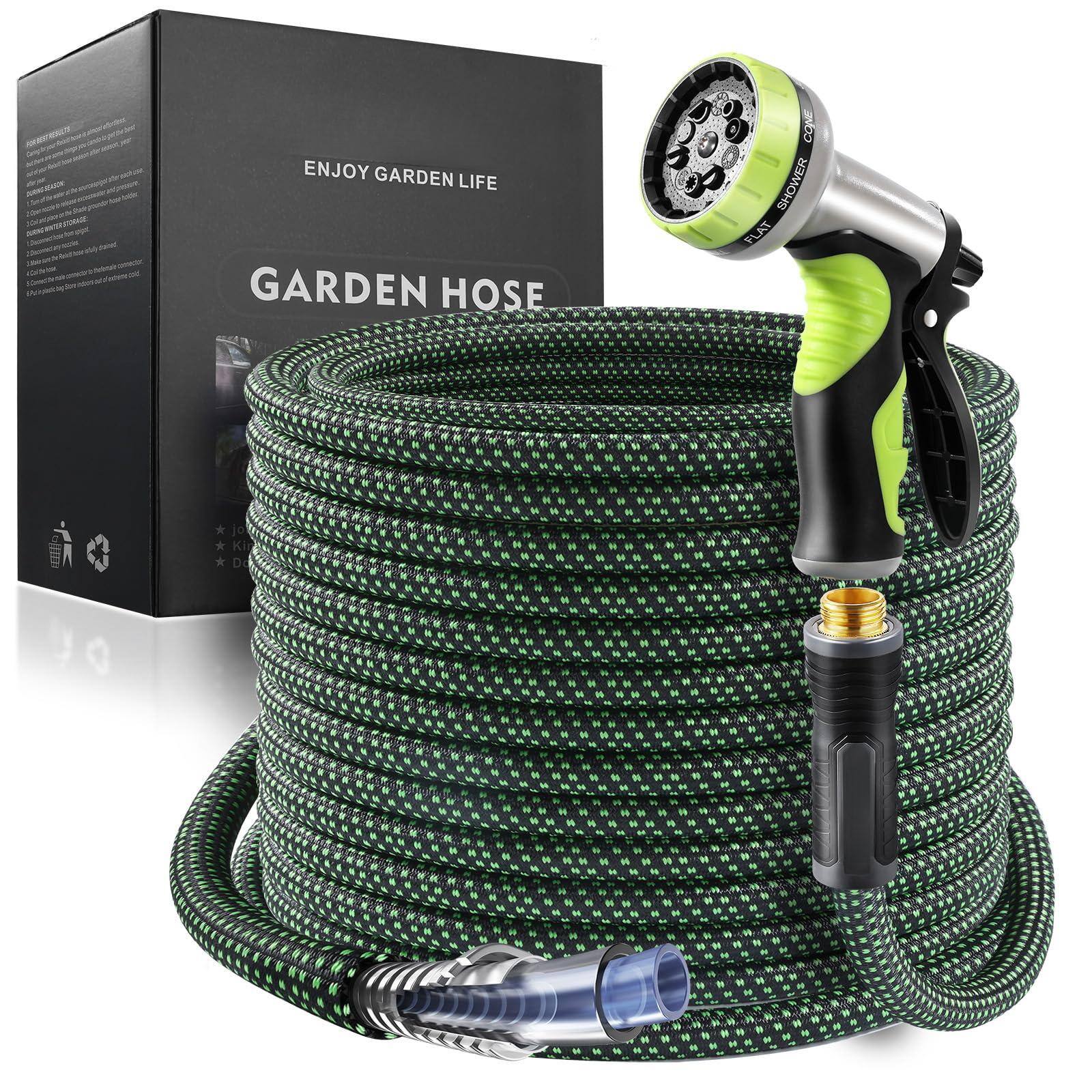 Sure, here is the corrected and grouped text from the image:

---

**ENJOY GARDEN LIFE**

**GARDEN HOSE**

**FLUSH SHOWER CONE**

---

**Features:**

1. **Durable Material:** The hose is made of high-quality, flexible material that can withstand high pressure and is resistant to wear and tear.
2. **Easy to Use:** The hose is lightweight and easy to handle, making it convenient for gardening and other outdoor activities.
3. **Compact Design:** The hose is designed to be compact and easy to store when not in use.
4. **Multi-Function Nozzle:** The nozzle has multiple spray settings, including a flat shower cone, for various gardening needs.
5. **Quick Connector:** The hose comes with a quick connector for easy attachment to your water source.

---

**Enjoy your garden life with this versatile and durable garden hose!**