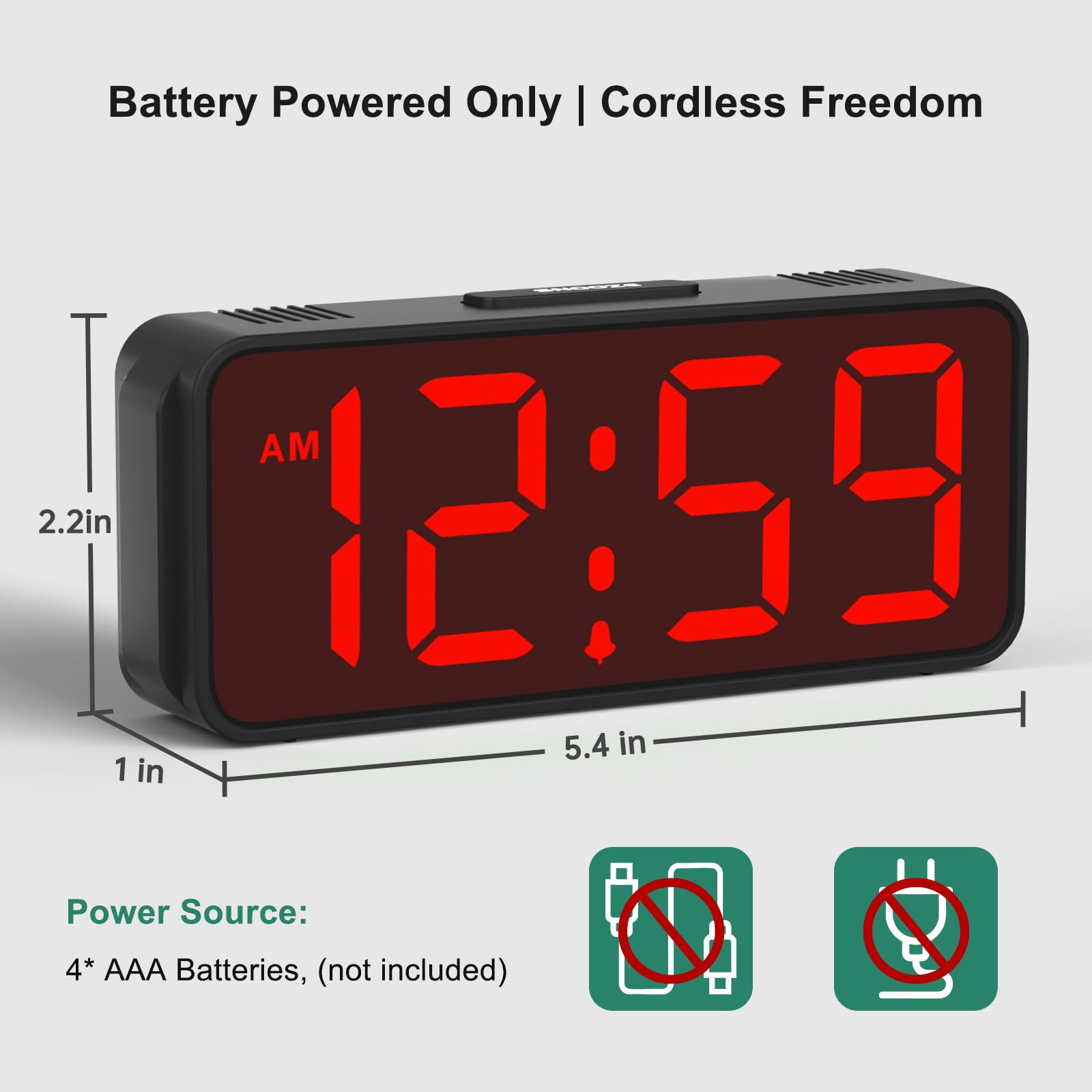 Battery Powered Only | Cordless Freedom

12:59

2.2 in  
5.4 in  
1 in

Power Source:  
4* AAA Batteries, (not included)