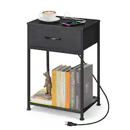 Oumilen - End Table with Fabric Drawer, Mesh Shelf & Built-in Charging Station - Black