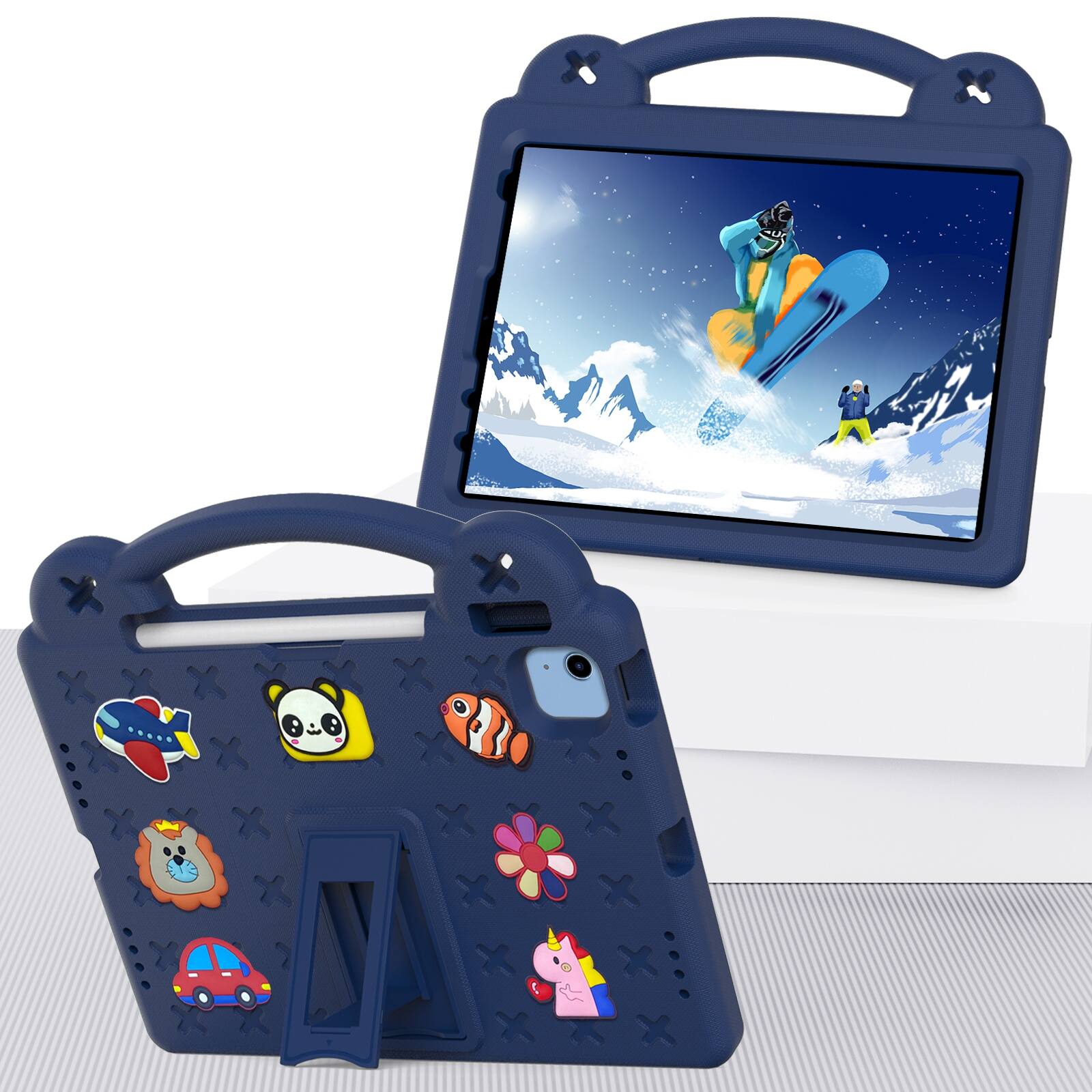 Angle. UUCOVER - Kids Case for iPad (A16) 11-inch 2025 /iPad 10th Gen 10.9" 2022,Shockproof EVA Case Handle Adjustable Stand Cover - Navyblue.