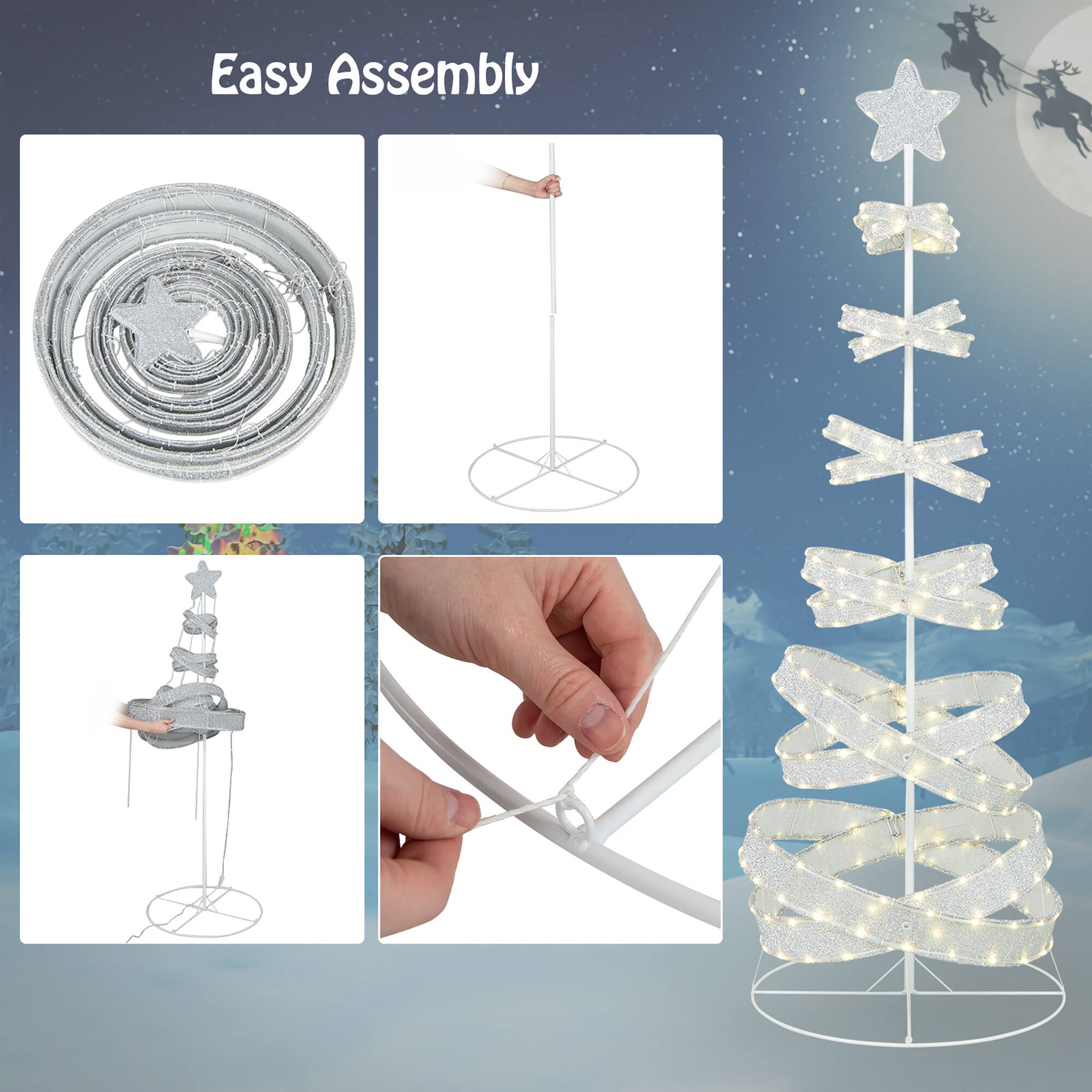 Easy Assembly

1. Unroll the spiral lights.
2. Attach the lights to the base.
3. Hang the lights on the pole.
4. Add the star on top.