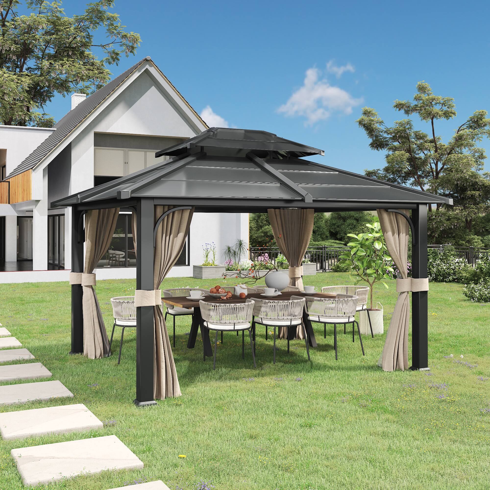 Angle. U-HOMY - Anti-Rust Iron Hardtop Gazebo | All-Weather Enclosed Sun Shelter - 12' x 14'.