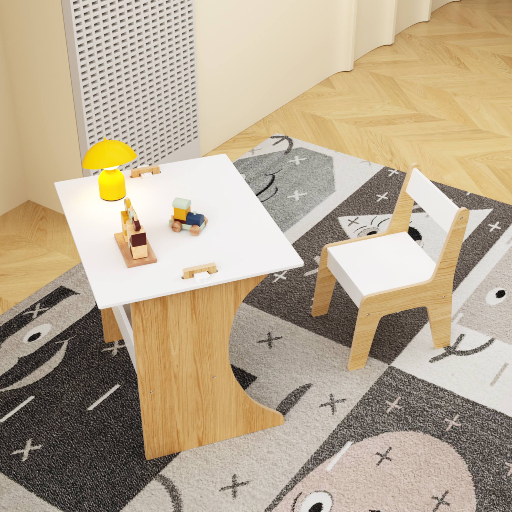 Alt View 7. Tiramisubest - Kids Table Set with Chair,Multifunctional Wooden Children Study Table-Convertible Tabletop for Drawing & Play,Natural - White.