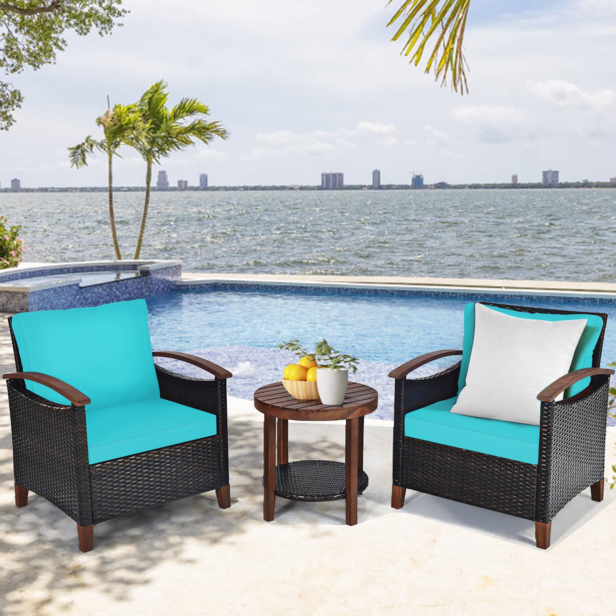 Alt View 3. Costway - Costway 3PCS Patio Rattan Furniture Set Wooden Frame Cushion Table Shelf - Multicolor.