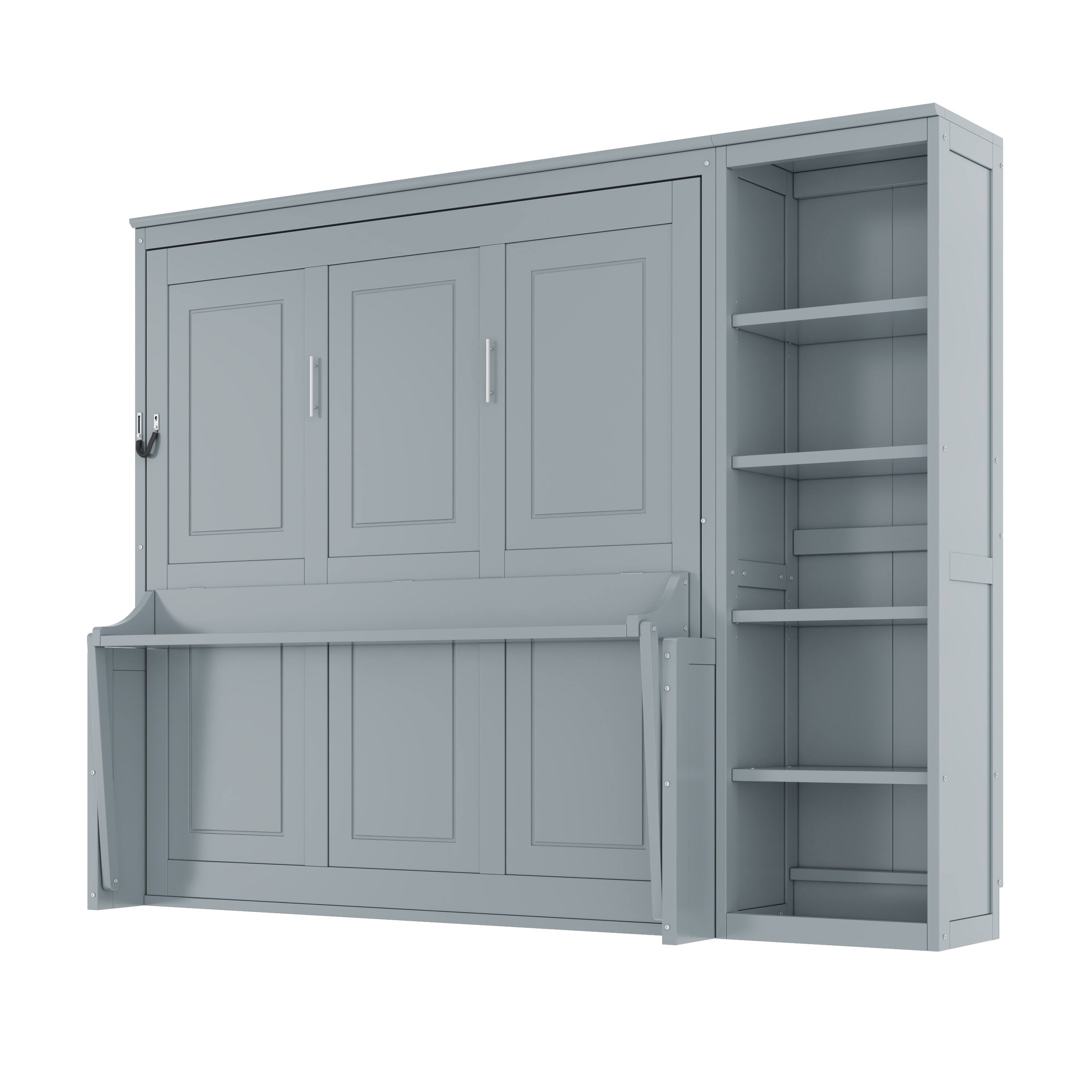 Left. Whisen - Murphy Bed with Built-in Desk and Side Bookshelves, Foldable Space-Saving Bed Cabinet - Gray.