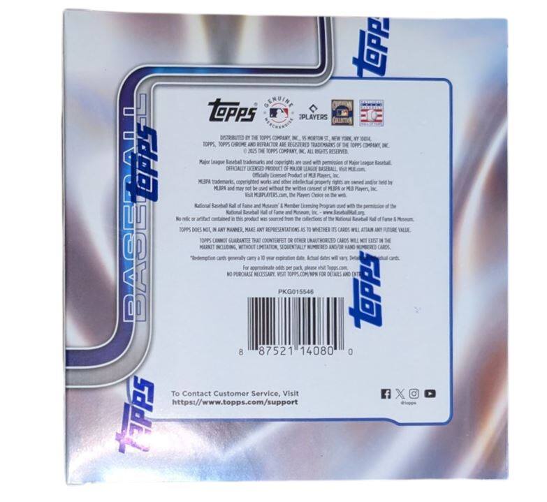 Sure, here is the corrected and grouped text from the image:

---

**Topps**

**Topps Players**

**Distributed by the Topps Company, Inc., 555 Morton St., New York, NY 10014**

**Topps, Topps Chrome and Defractor are registered trademarks of the Topps Company, Inc.**

**© 2025 Topps Company, Inc. All rights reserved.**

**Major League Baseball trademarks and copyrights used with permission of Major League Baseball.**

**MLBPA trademarks, copyrighted works and other MLBPA and MLB trademarks are owned and held by the Major League Players Association, Inc.**

**Officially licensed product of Major League Baseball.**

**Visit MLB.com for more information.**

**National Baseball Hall of Fame and Museum**

**No relic or artifact contained in this product is sourced from the collections of the National Baseball Hall of Fame and Museum.**

**Topps does not guarantee that any cards in this product will be autographed or contain any memorabilia.**

**Topps does not guarantee that any cards in this product will be autographed or contain any memorabilia.**

**Topps does not guarantee that any cards in this product will be autographed or contain