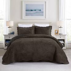 Front. MarCielo - Marcielo 3Pc Luxury Velvet Oversized Embroidery Soft and Plush Quilt Set - Brown.