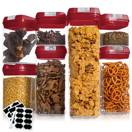 Front. Cheer Collection - 7-Piece Airtight Pantry Food Storage Container Set with Labels - Red.