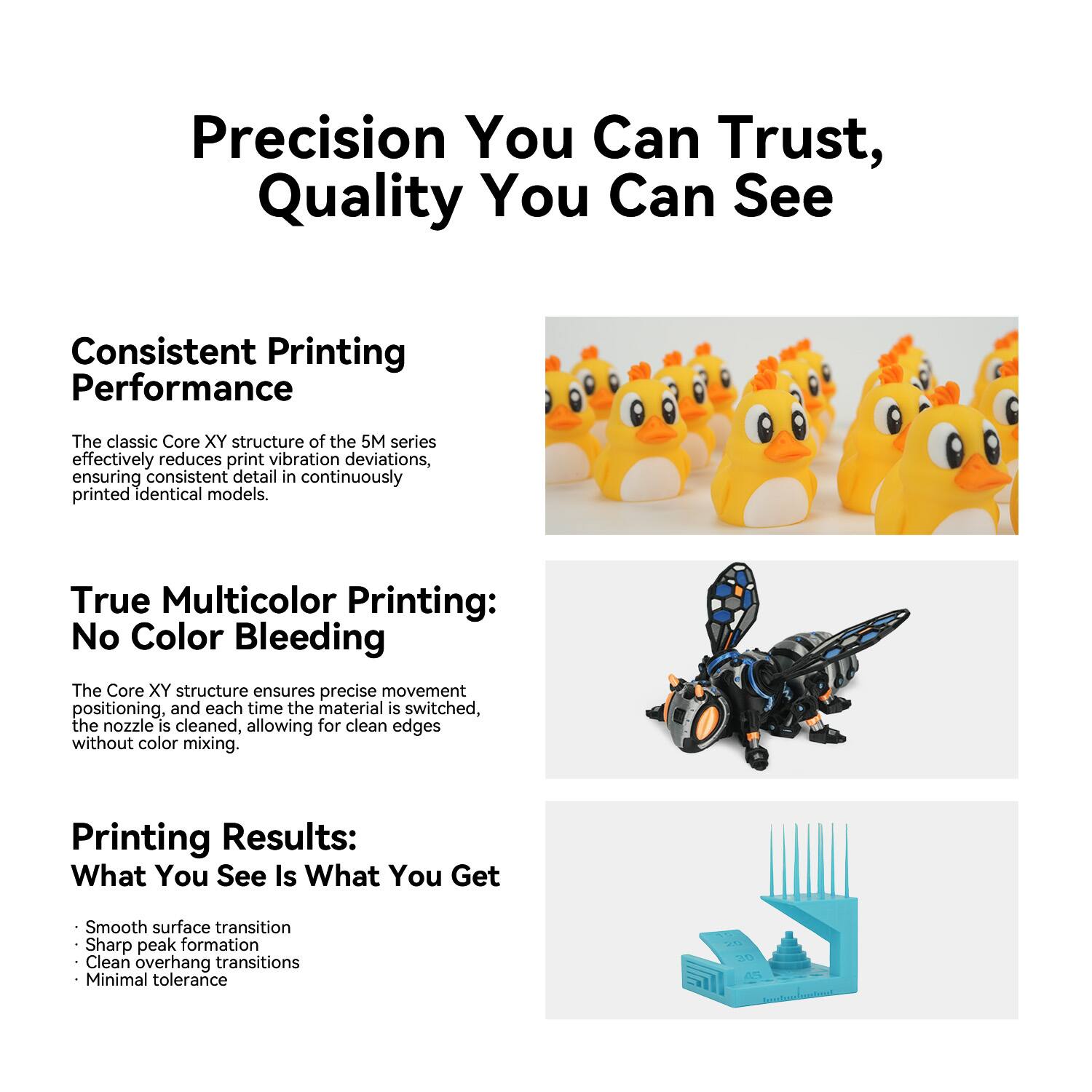 Precision You Can Trust, Quality You Can See

Consistent Printing Performance

The classic Core XY structure of the 5M series effectively reduces print vibration deviations, ensuring consistent detail in continuously printed identical models.

True Multicolor Printing: No Color Bleeding

The Core XY structure ensures precise movement positioning, and each time the material is switched, the nozzle is cleaned, allowing for clean edges without color mixing.

Printing Results: What You See Is What You Get

- Smooth surface transition
- Sharp peak formation
- Clean overhang transitions
- Minimal tolerance