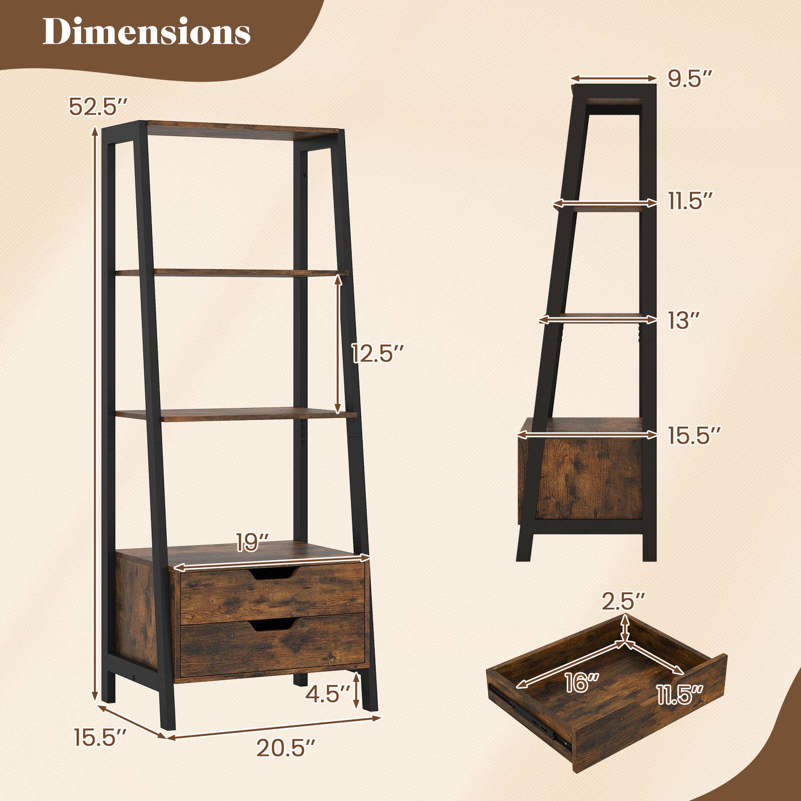 Dimensions: 52.5", 19", 15.5", 4.5", 20.5", 15.5", 11.5", 13", 12.5", 9.5", 2.5", 16", 11.5"