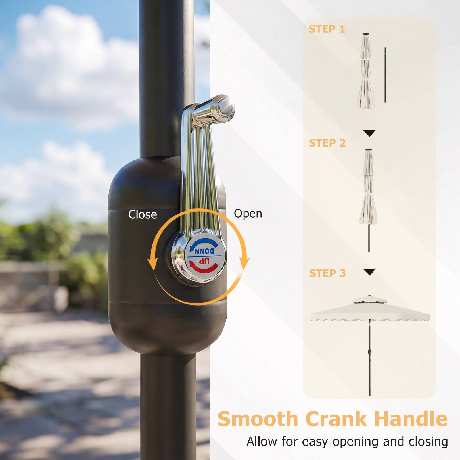 STEP 1  
Close

STEP 2  
Open

STEP 3  
Smooth Crank Handle  
Allow for easy opening and closing
