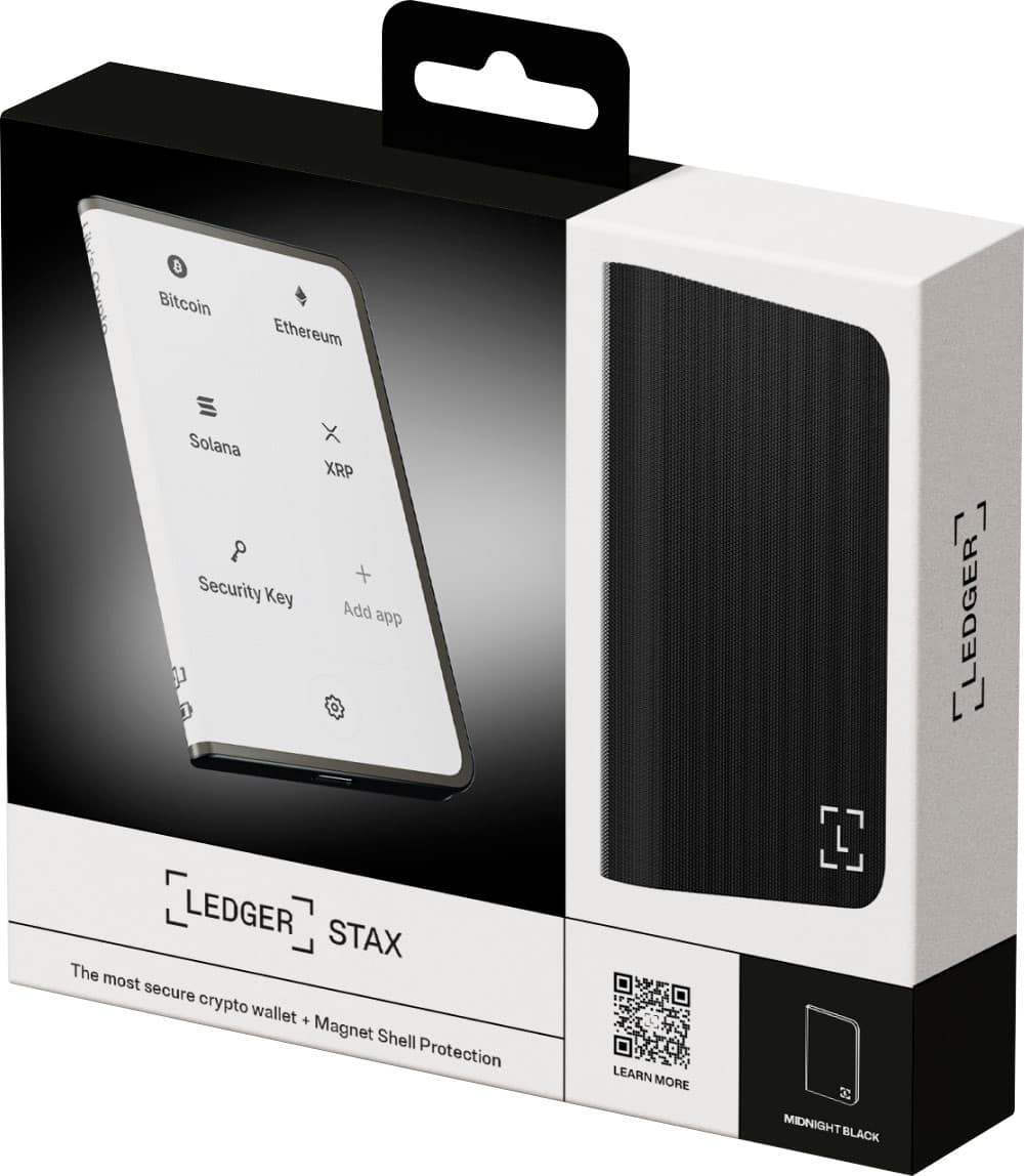I CAN'T 8 Bitcoin Ethereum Solana o Security Key X XRP + Add app [LEDGER LEDGER STAX The most secure crypto wallet + Magnet Shell Protection LEARN MORE E MIDNIGHT BLACK