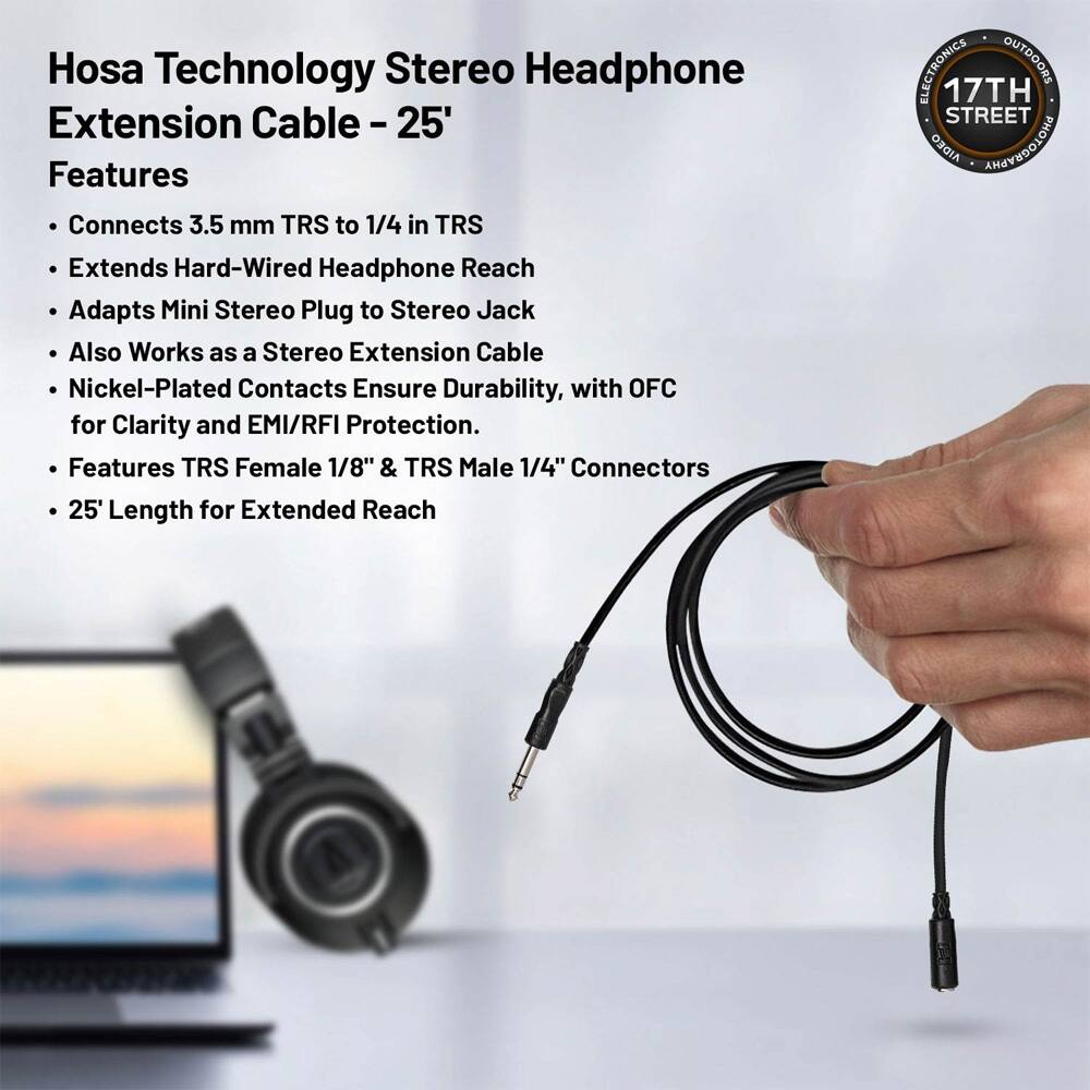 Hosa Technology Stereo Headphone Extension Cable - 25' Features Connects 3.5 mm TRS to 1/4 in TRS Extends Hard-Wired Headphone Reach Adapts Mini Stereo Plug to Stereo Jack Also Works as a Stereo Extension Cable Nickel-Plated Contacts Ensure Durability, with OFC for Clarity and EMI/RFI Protection. Features TRS Female 1/8" & TRS Male 1/4" Connectors 25' Length for Extended Reach ELECTRONICS OUTDOORS 17TH STREET AIDEO ANGVSDOLOMA
