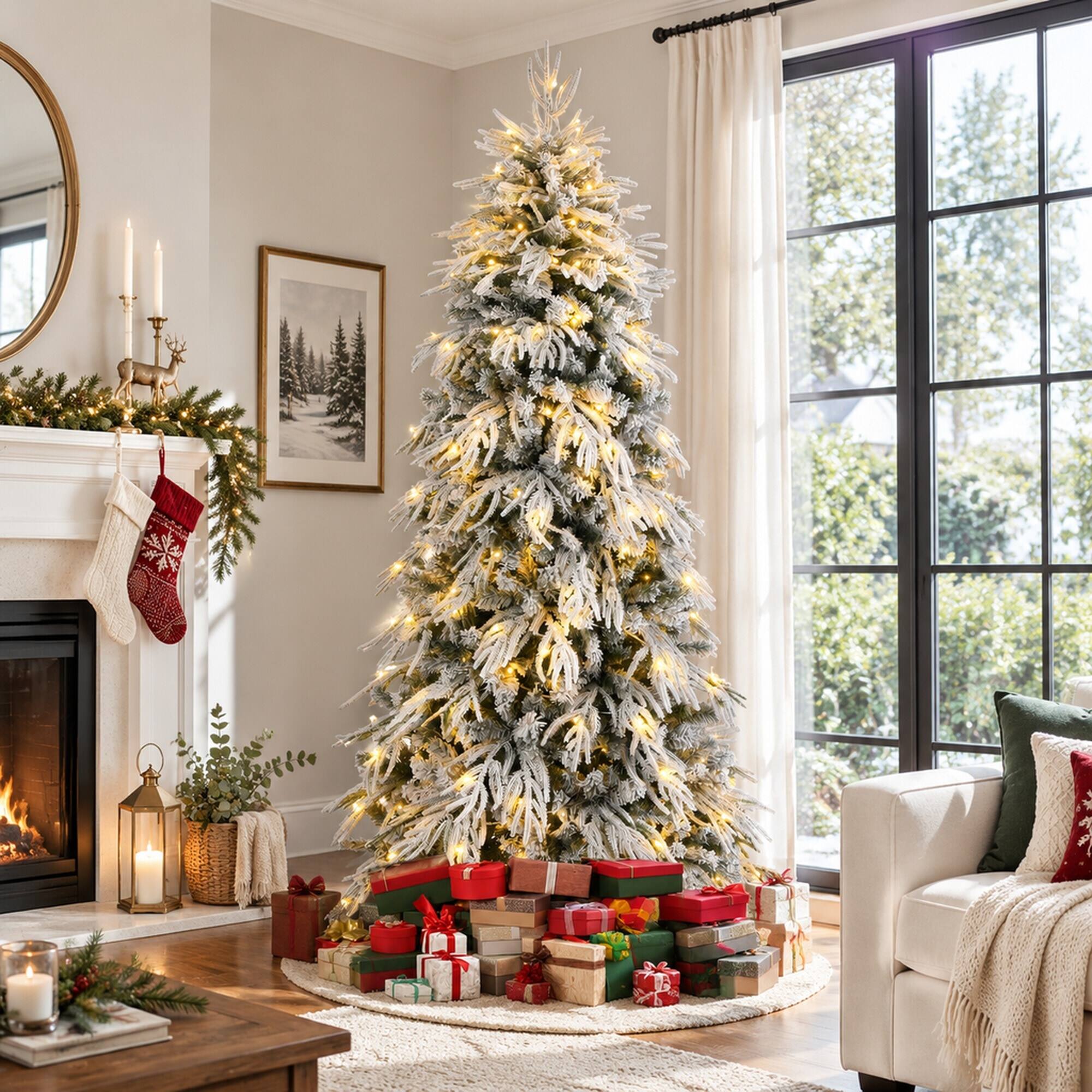 Back. RYHNUYNE - 8FT Pre-Lit Slim Flocked Christmas Tree With 350 Warm White LED Lights and 950 Tips, Metal Stand for Narrow Spaces - White.