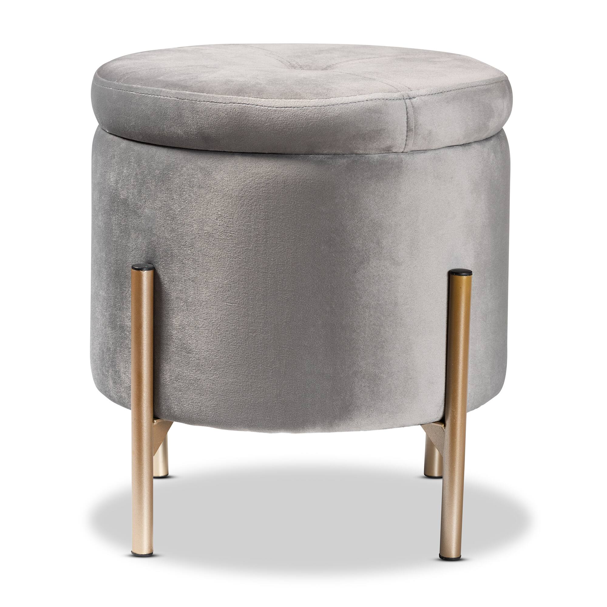 Left. Baxton Studio - Malina Contemporary Glam and Luxe Velvet Fabric Upholstered and Gold Finished Metal Storage Ottoman - Grey/Gold.