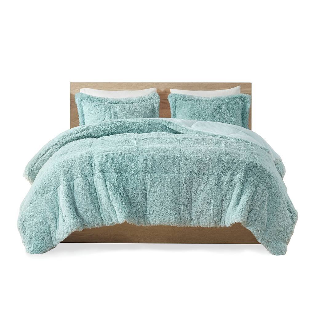 Back. Hivvago - King/CAL King Soft Sherpa Faux Fur 3-Piece Comforter Set in Light Teal Blue - Light Teal Blue.