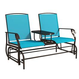 Outsunny - Outdoor Glider Bench with Center Table, Metal Frame Patio Loveseat with Breathable Mesh Fabric and Armrests - Blue