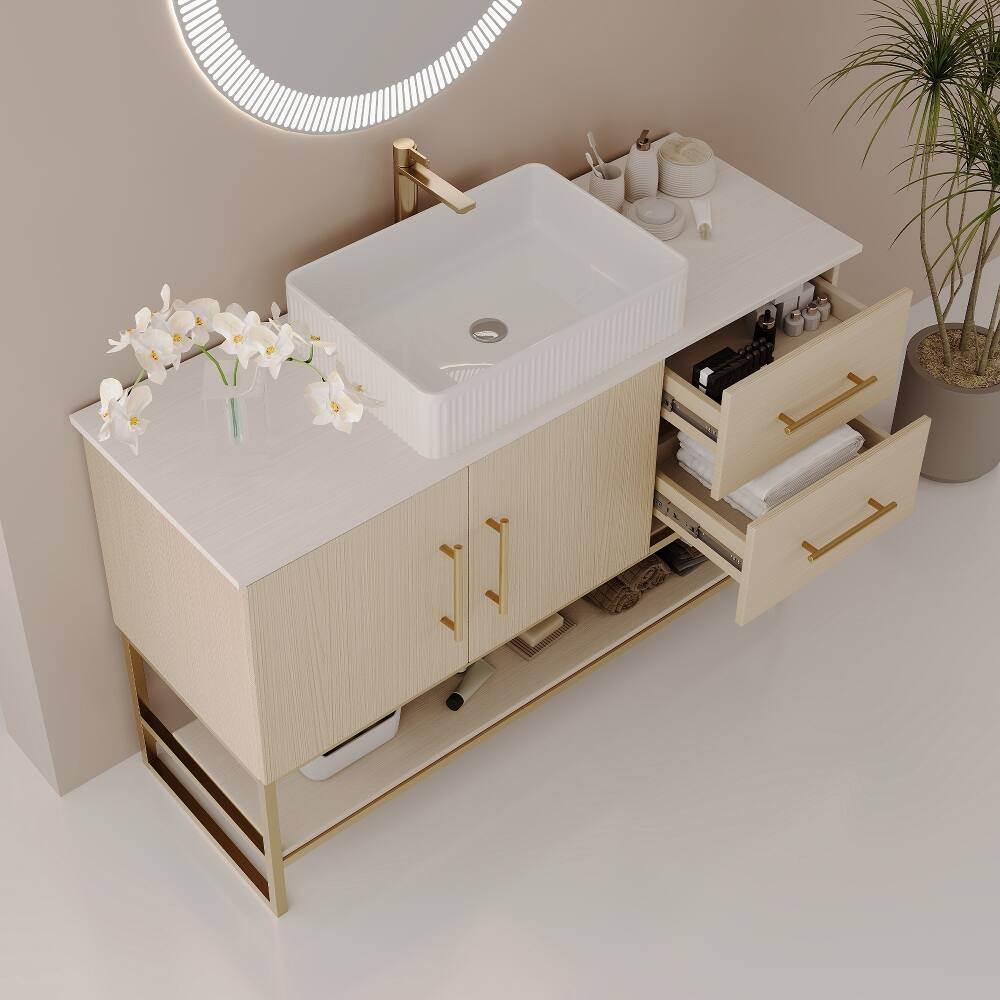 Alt View 4. Loheer - Loheer 47.2 inch modern bathroom vanity Ceramic Vessel Sink Gold Accent - American White Oak, Gold, White.