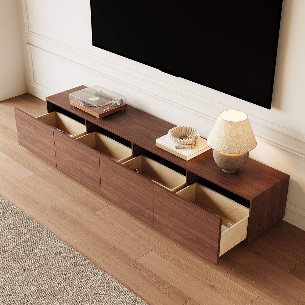 Left. POVISON - 78" Fully-Assembled,Minimalist TV Stand, Wood Media Console with Drawers, Walnut Veneer - Dark Wood.