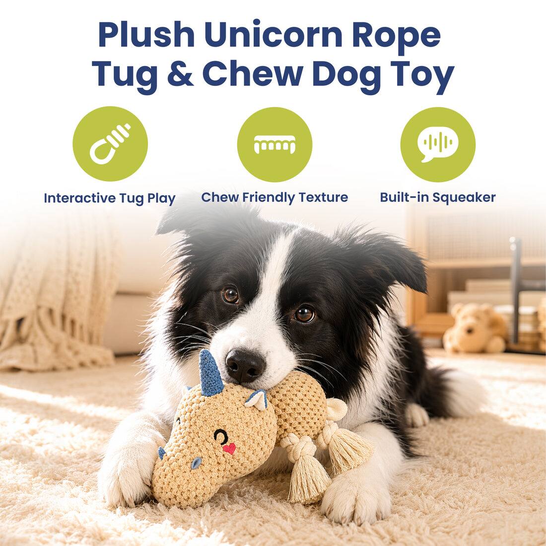 Plush Unicorn Rope Tug & Chew Dog Toy

Interactive Tug Play
Chew Friendly Texture
Built-in Squeaker