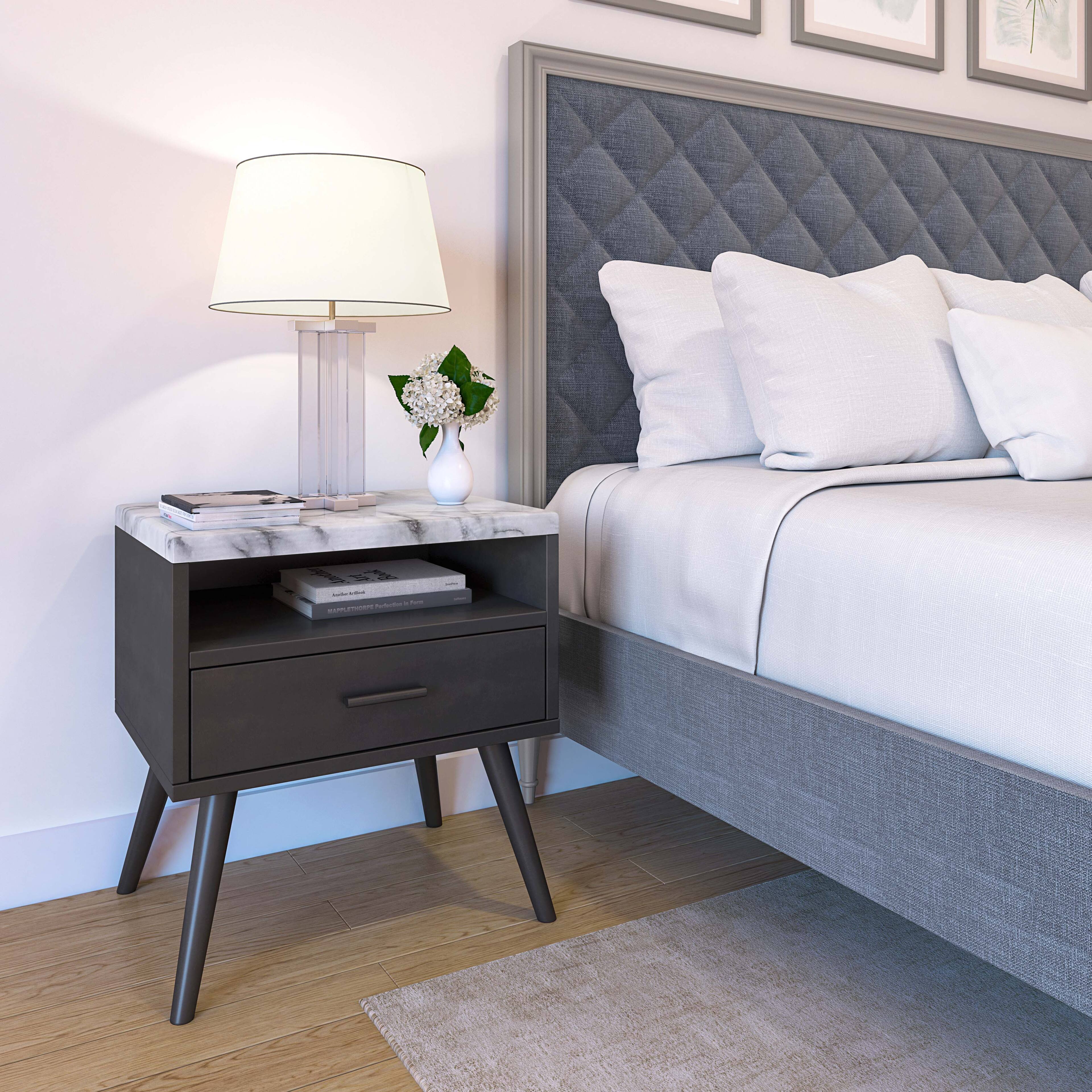 Alt View 3. Boyd Sleep - Boyd Sleep 21.6" Faux Marble Top Marcello Mid Century Nightstand - Black.