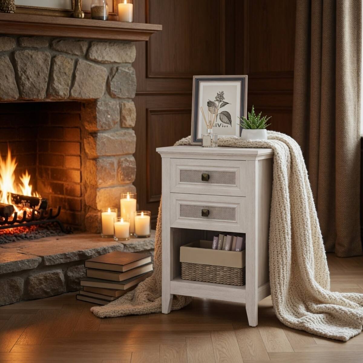 Alt View 6. Loheer - Loheer White Rattan Nightstand with Two Drawers and Open Shelf, Boho Bedside Table - White.