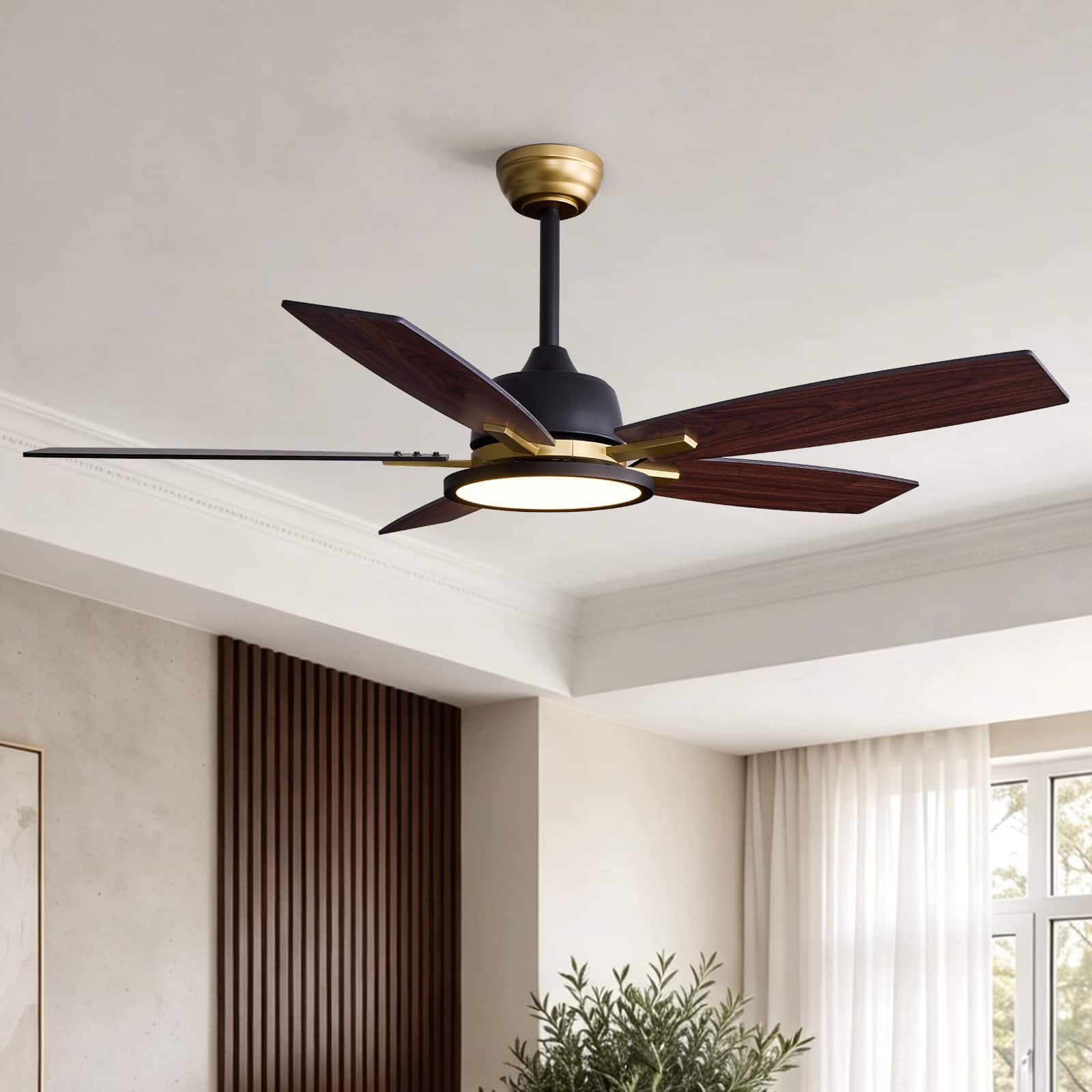Siljoy - 52 Inch 5 Blade Composite Wood Farmhouse Ceiling Fan with LED Light Remote and App for Bedroom Living Room - Matte Black and Gold