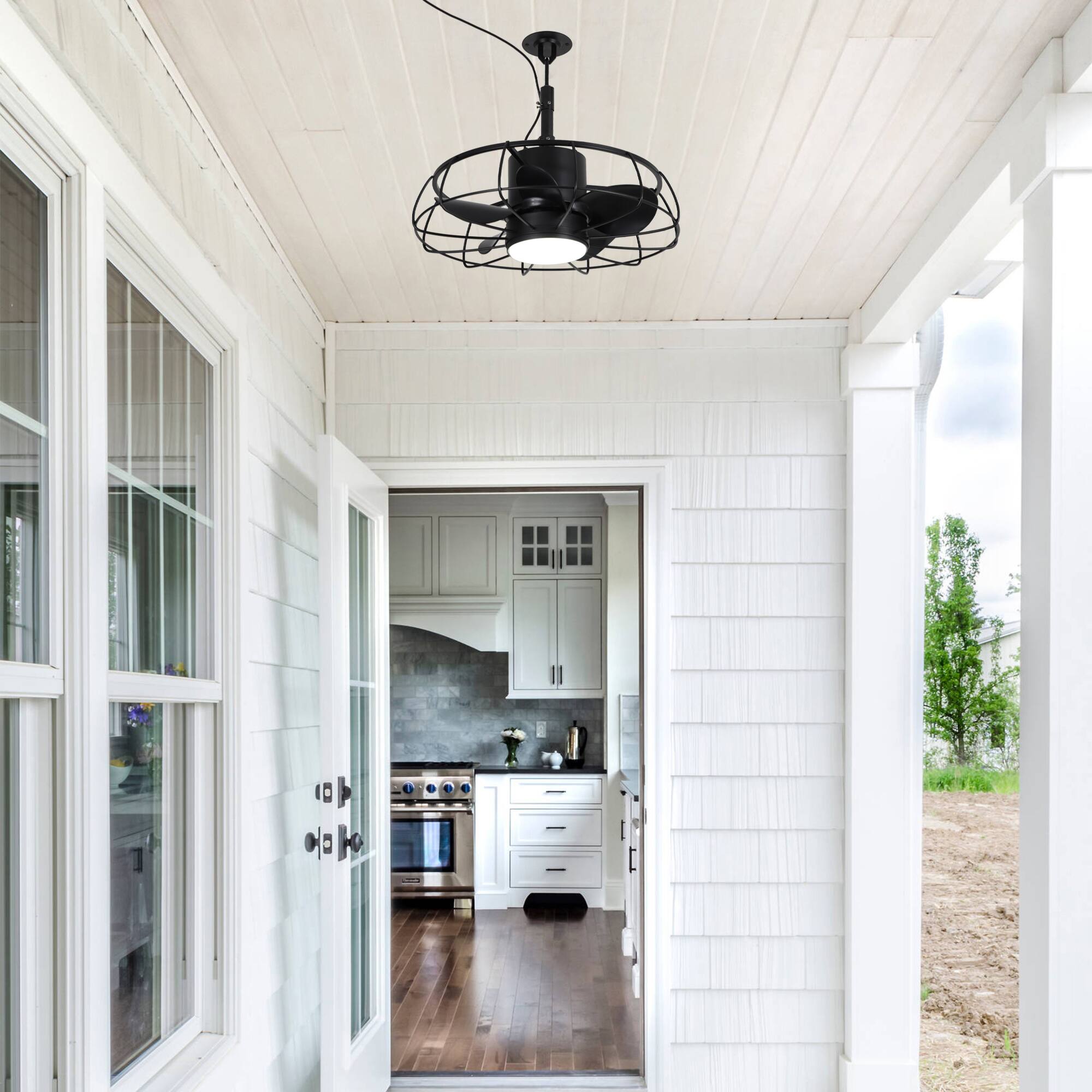 Back. Parrot Uncle - 20" Industrial Black Wet Hook Outdoor Caged Ceiling Fan with Light and Remote - Black.