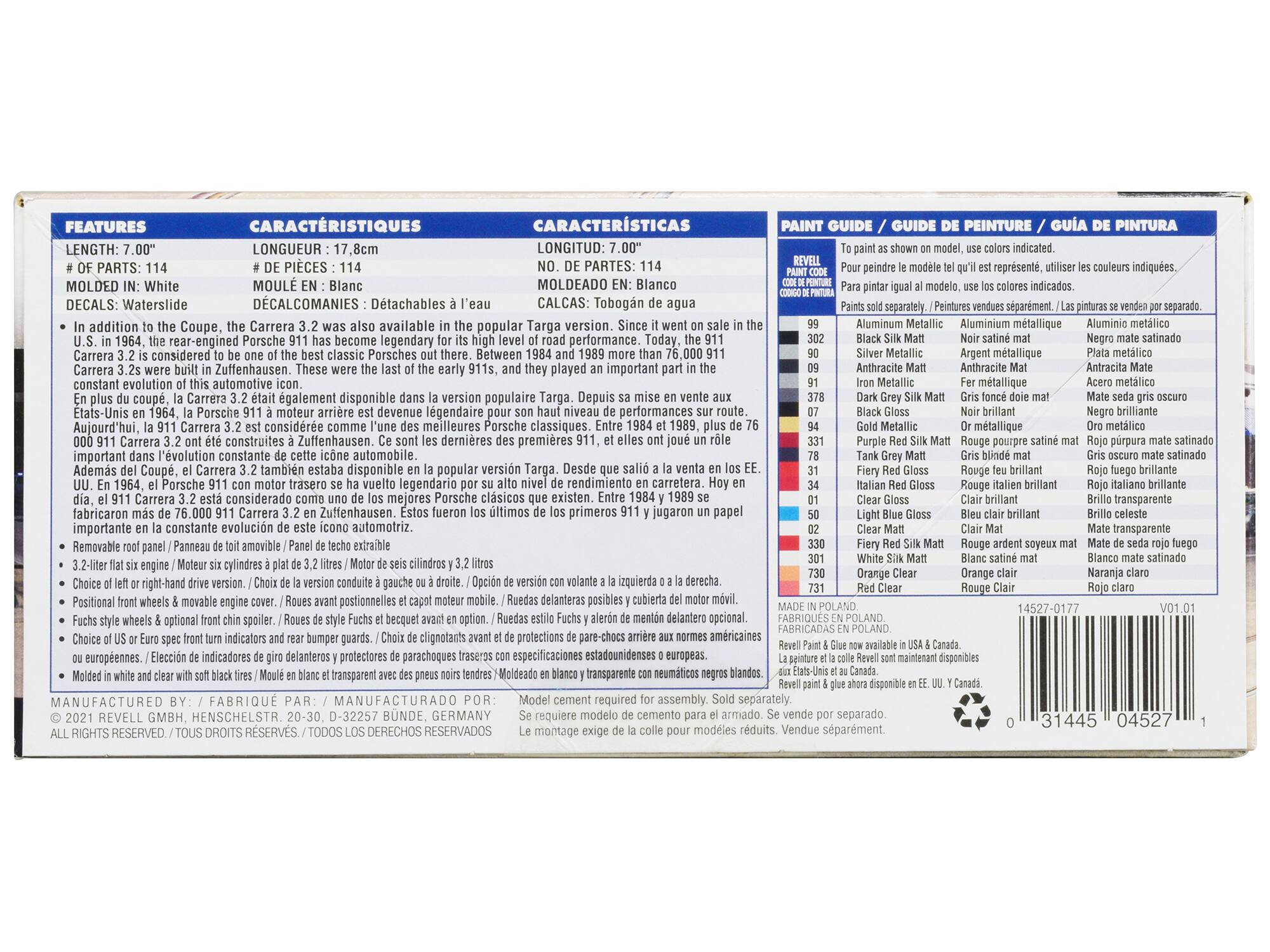 **FEATURES / CARACTERÍSTICAS / CARACTERÍSTICAS**

- **LENGTH:** 7.00" / **LONGUEUR:** 17.8cm / **LONGITUD:** 7.00"
- **# OF PARTS:** 114 / **# DE PIECES:** 114 / **NO. DE PARTES:** 114
- **MOLDED IN:** White / **MOULE EN:** Blanc / **MOLDEADO EN:** Blanco
- **DECALS:** Waterslide / **DECALCOMANIES:** Detachables / **CALCAS:** Tobogán de agua
- **In addition to the Coupe, the Carrera 3.2 was also available in the popular Targa version. Since it went on sale in the early 1980s, the rear-engine Porsche 911 has become legendary for its high level of road performance. Today, the 911 Carrera 3.2 is considered to be one of the best classic Porsches ever built. These were the last of the 911s, and they played an important part in the constant evolution of this iconic car.**