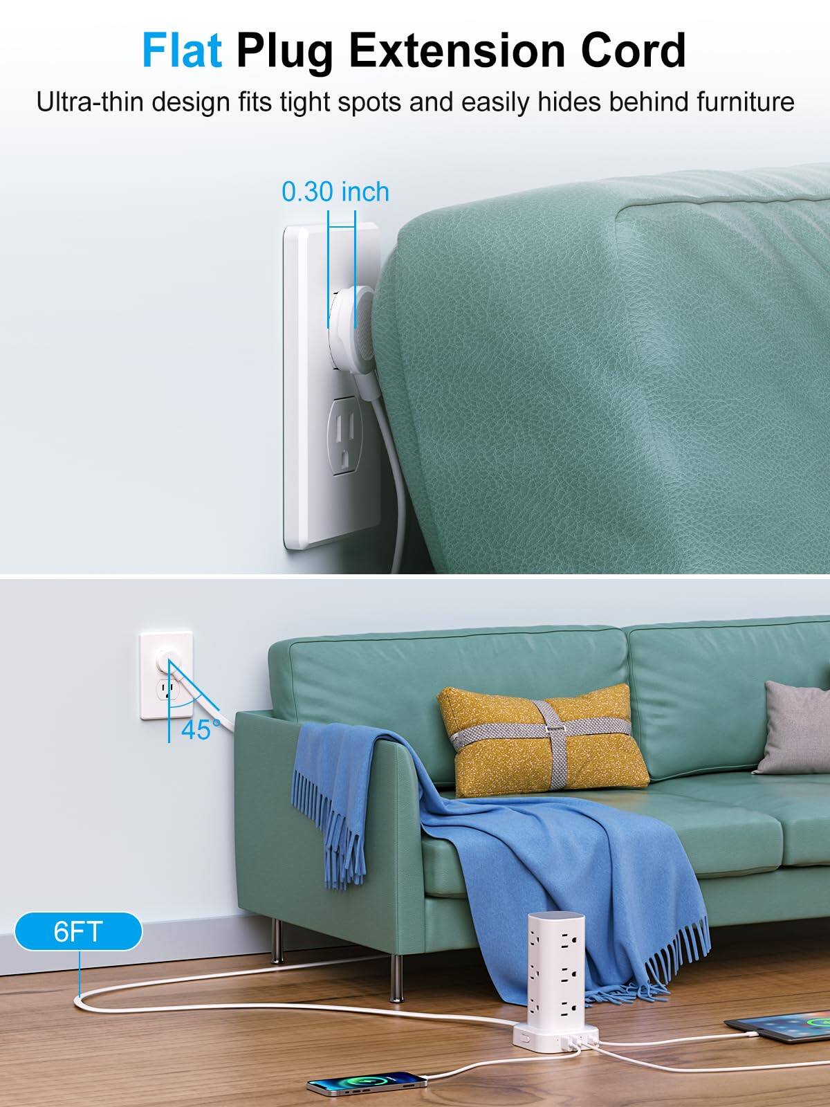 Flat Plug Extension Cord  
Ultra-thin design fits tight spots and easily hides behind furniture  

0.30 inch  

6FT