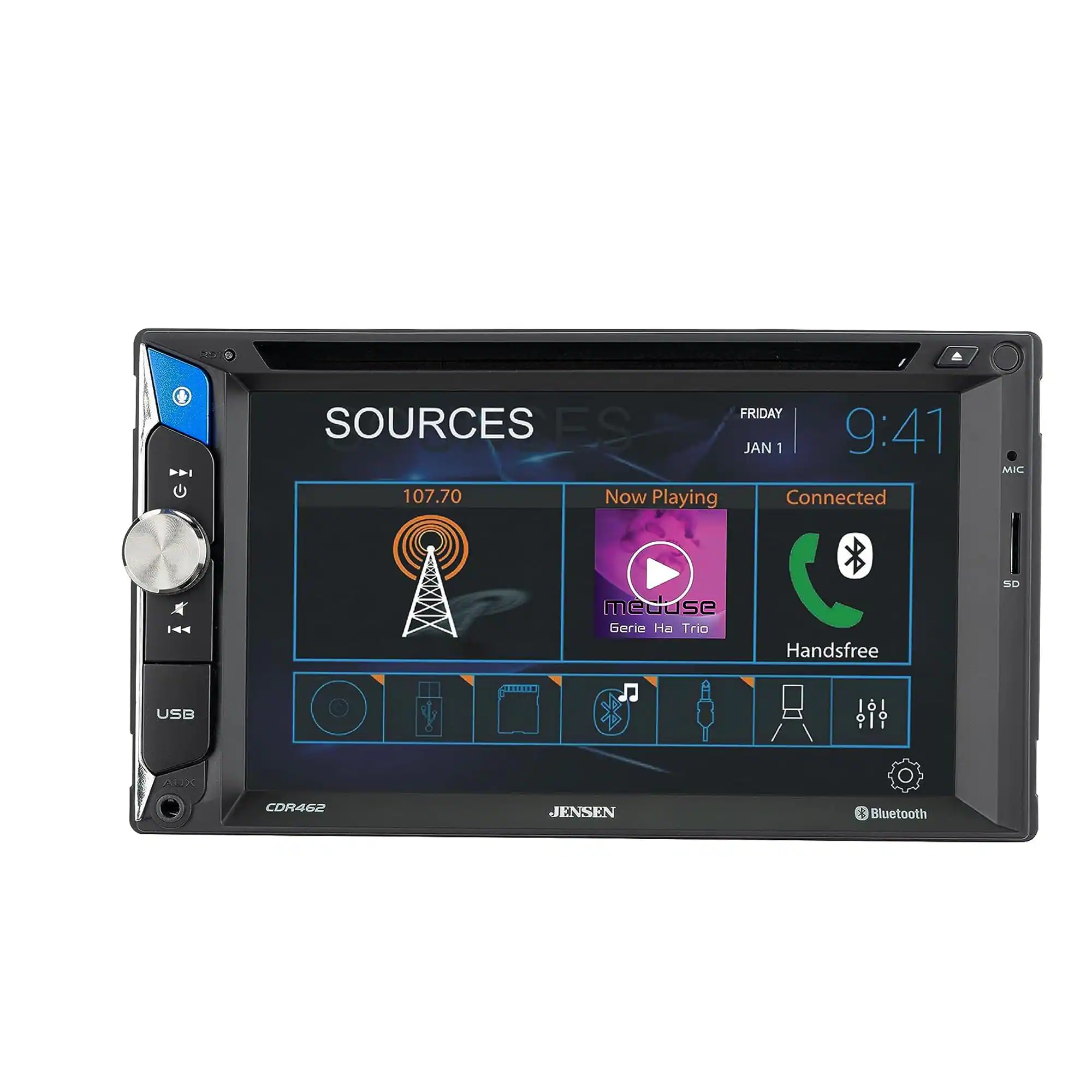 PI FRIDAY SOURCES ES 9:41 JAN 1 107.70 Now Playing Connected MIC 1 Me meddse Gerie Trio Handsfree SD USB ol I O ?? . A O CDR4G2 JENSEN 4 Bluetooth