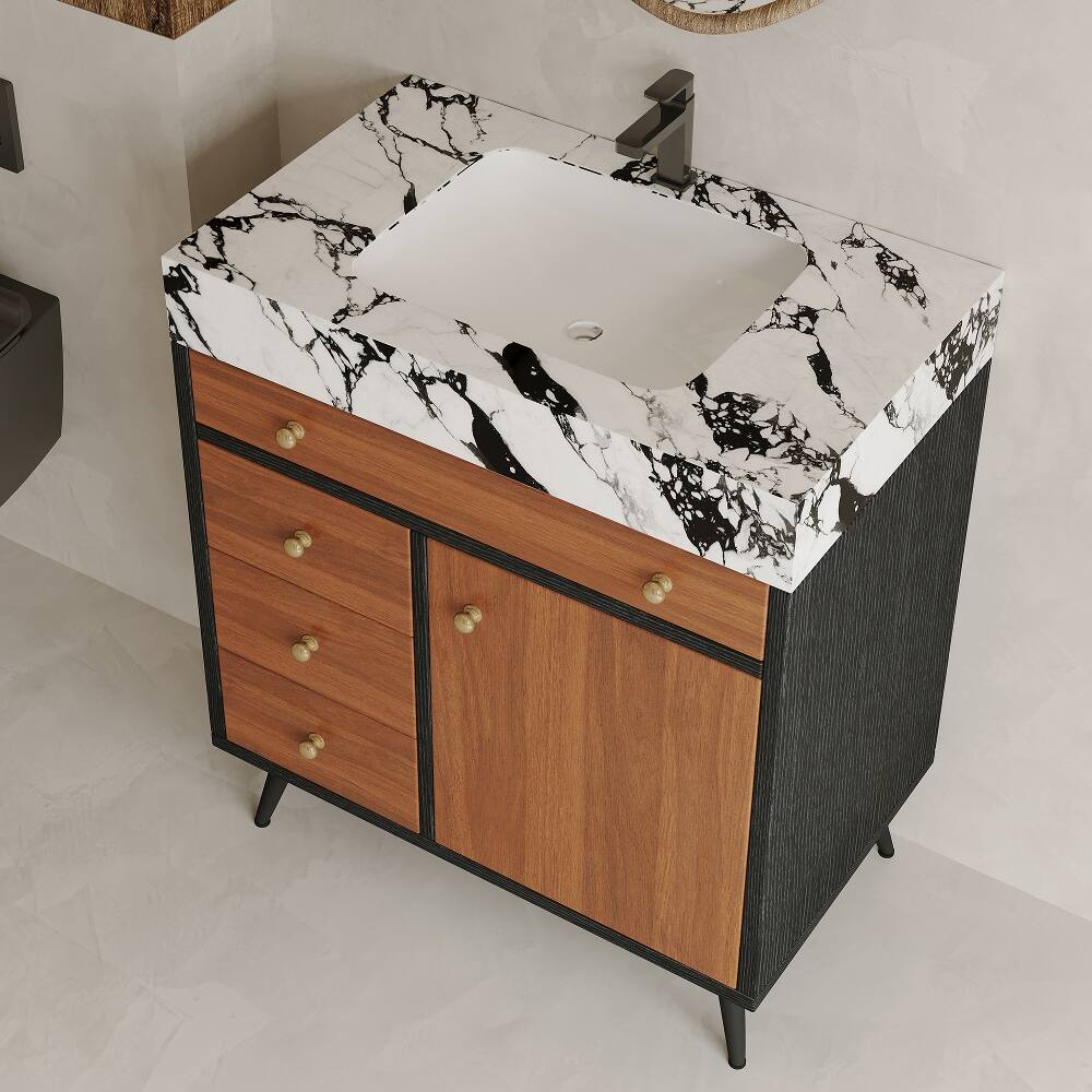 Alt View 2. Loheer - Loheer 30 inch freestanding bathroom vanity with sintered stone vanity top and ceramic sink - Walnut.
