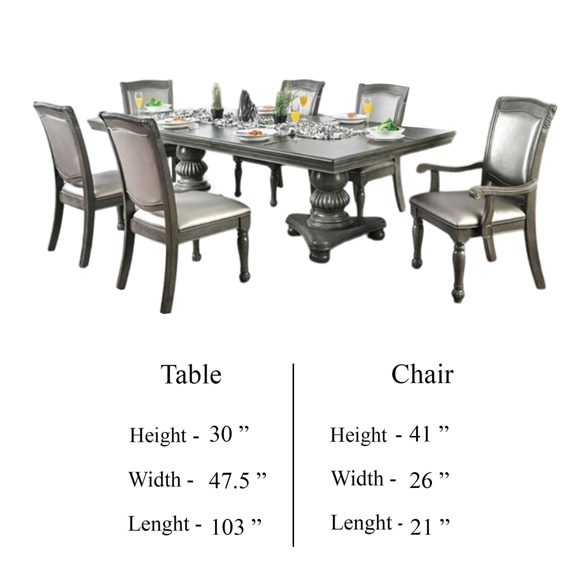 Table  
Height - 30 "  
Width - 47.5 "  
Lenght - 103 "  

Chair  
Height - 41 "  
Width - 26 "  
Lenght - 21 "