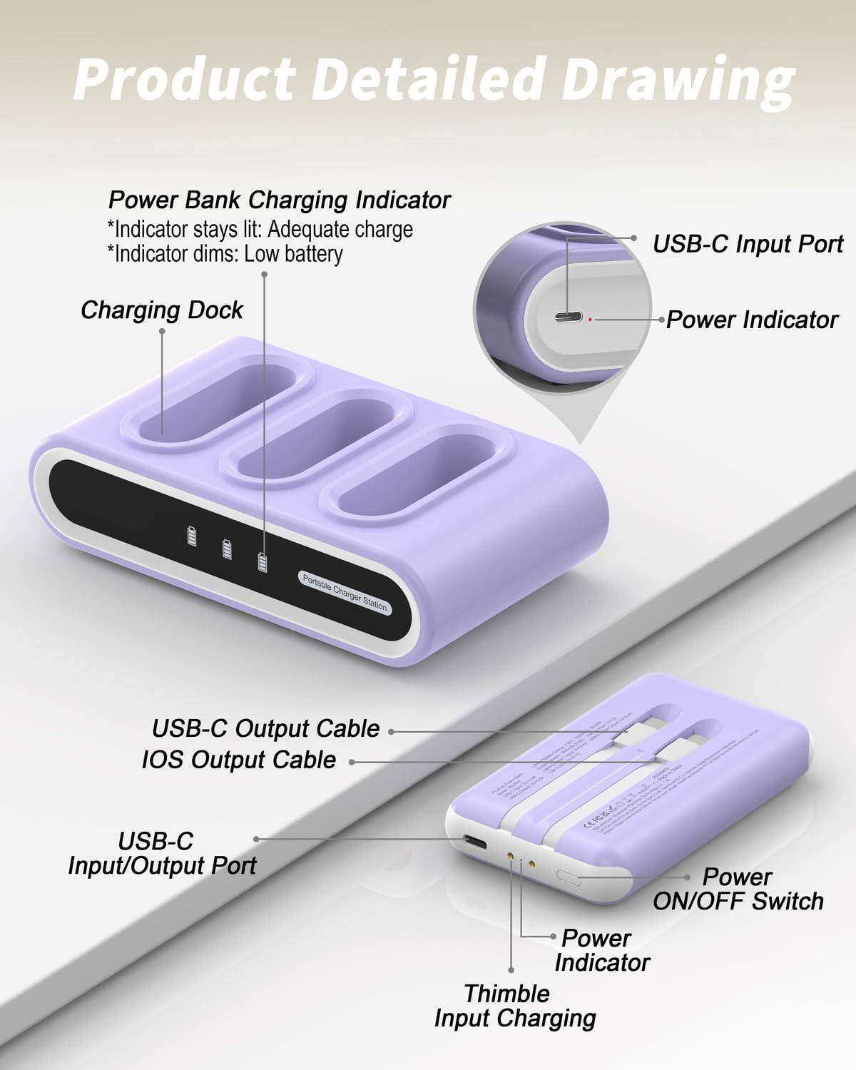 Product Detailed Drawing

Power Bank Charging Indicator
*Indicator stays lit: Adequate charge
*Indicator dims: Low battery

Charging Dock

USB-C Input Port

Power Indicator

Portable Charger Station

USB-C Output Cable
IOS Output Cable

USB-C Input/Output Port

CEROLA Power ON/OFF Switch

Power Indicator

Thimble Input Charging
