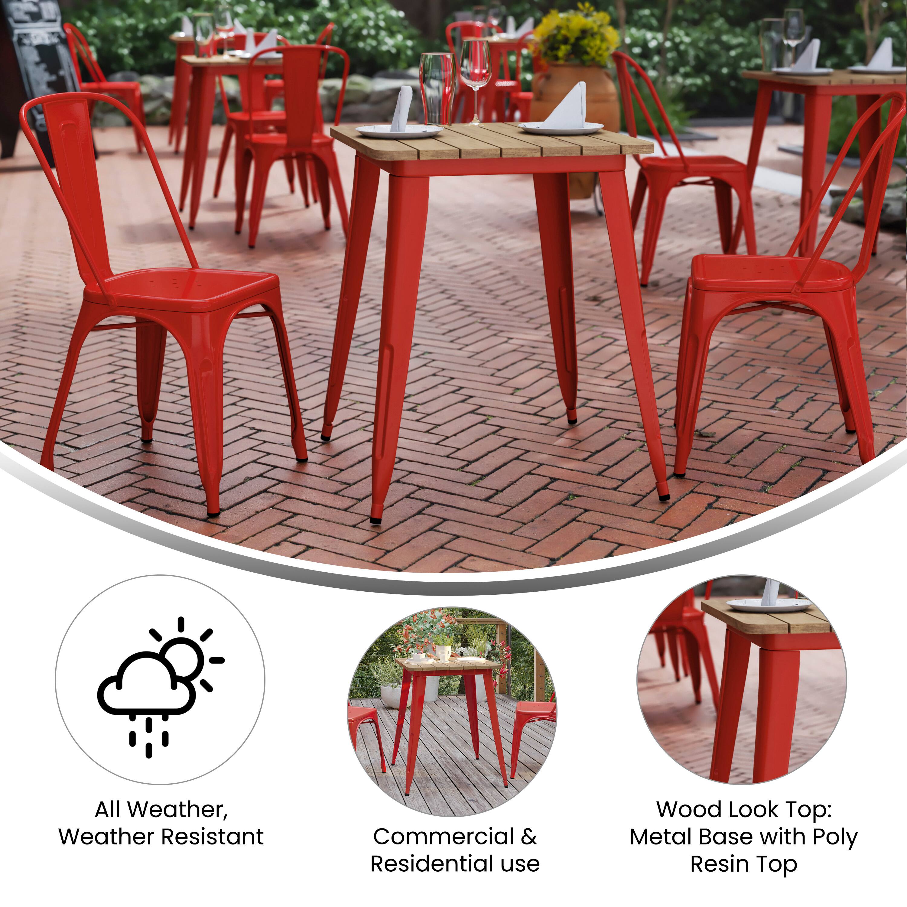 All Weather, Weather Resistant  
Commercial & Residential use  
Wood Look Top: Metal Base with Poly Resin Top