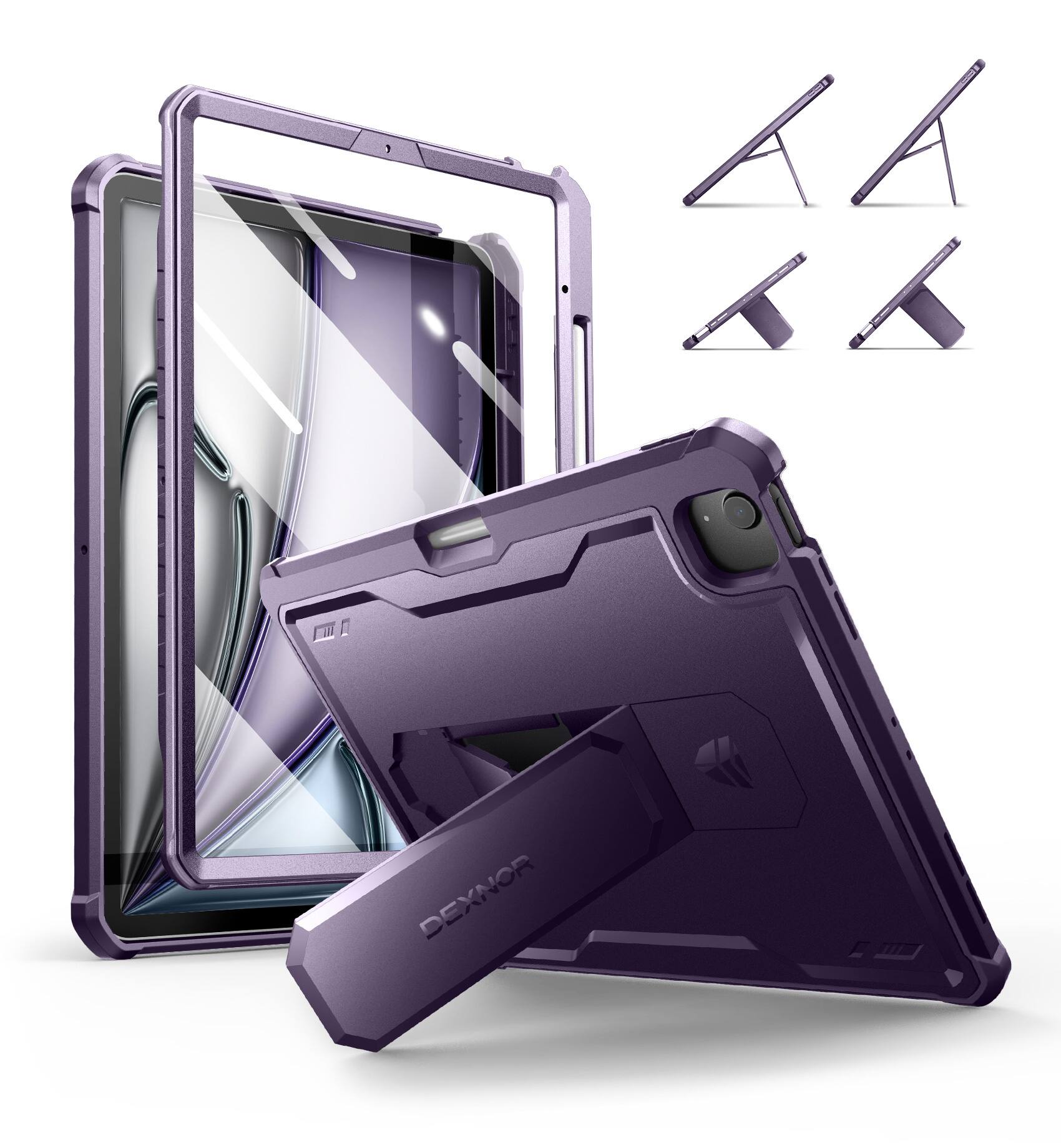 Angle. Dexnor - Case for iPad Air 13” M4/M3/M2 with 360° Rotating Hand Strap& Screen Protector Shockproof Full-Body Bumper Cover - Phantom Purple.