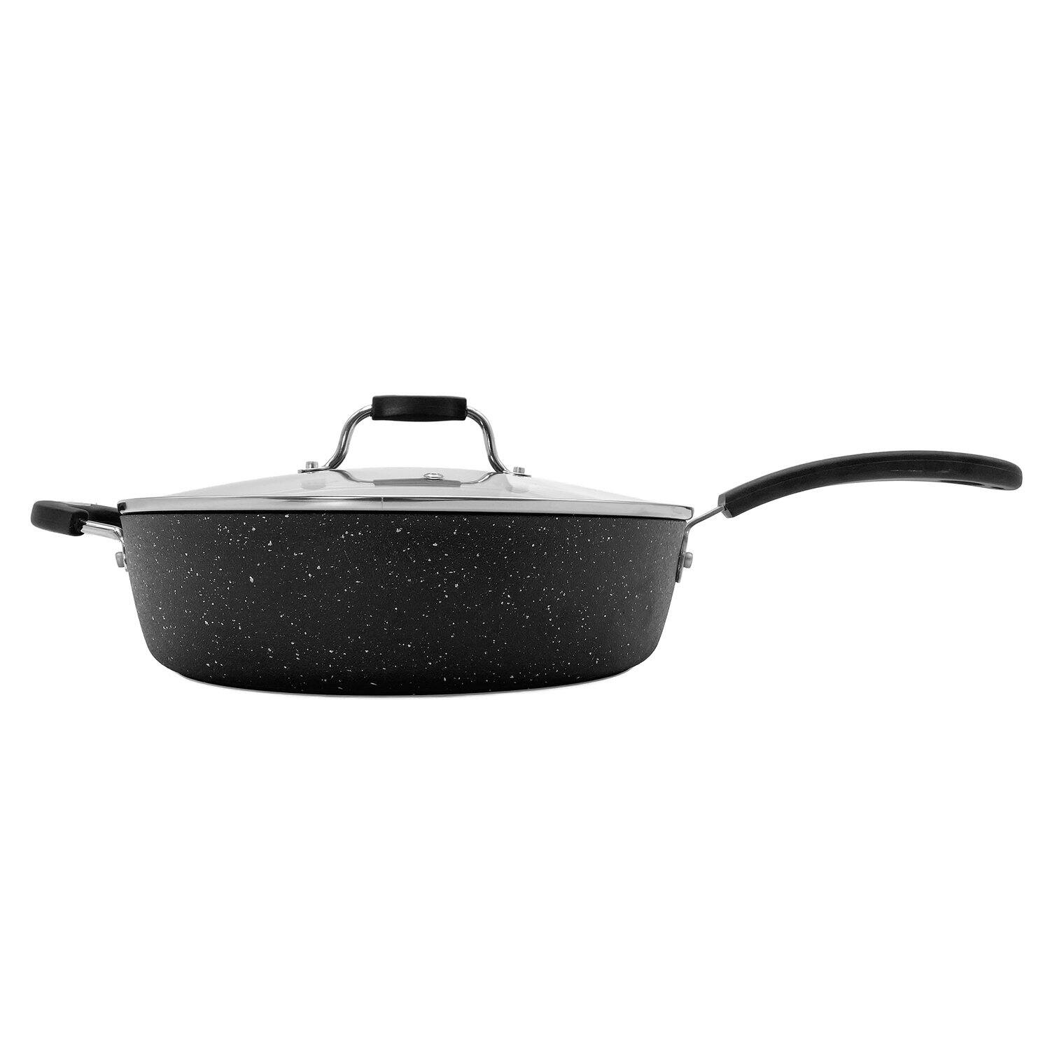 Back. THE ROCK by Starfrit - Terra 12" Non-Stick PFOA-Free Deep Fry Pan with Lid and Bakelite Handle - Black.