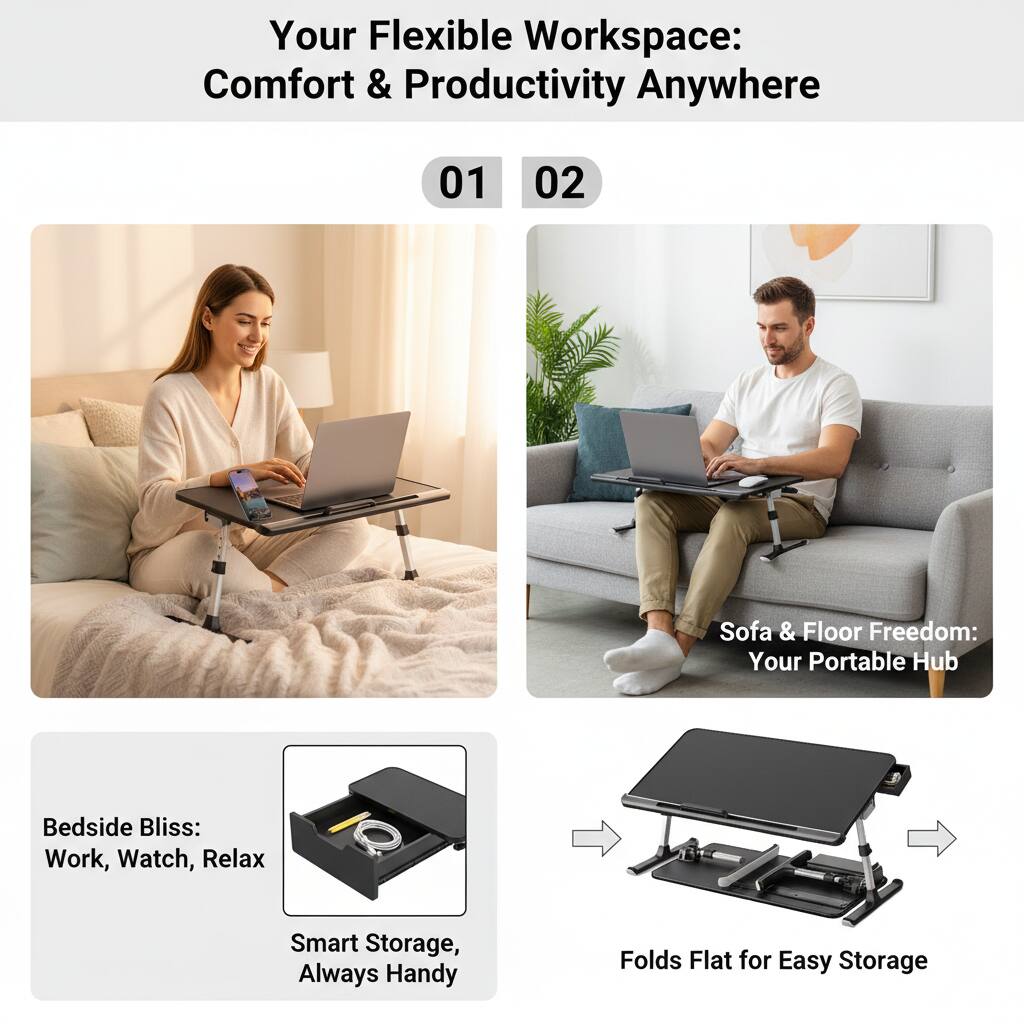 Your Flexible Workspace: Comfort & Productivity Anywhere

01 Sofa & Floor Freedom: Your Portable Hub

02 Bedside Bliss: Work, Watch, Relax

Smart Storage, Always Handy

Folds Flat for Easy Storage
