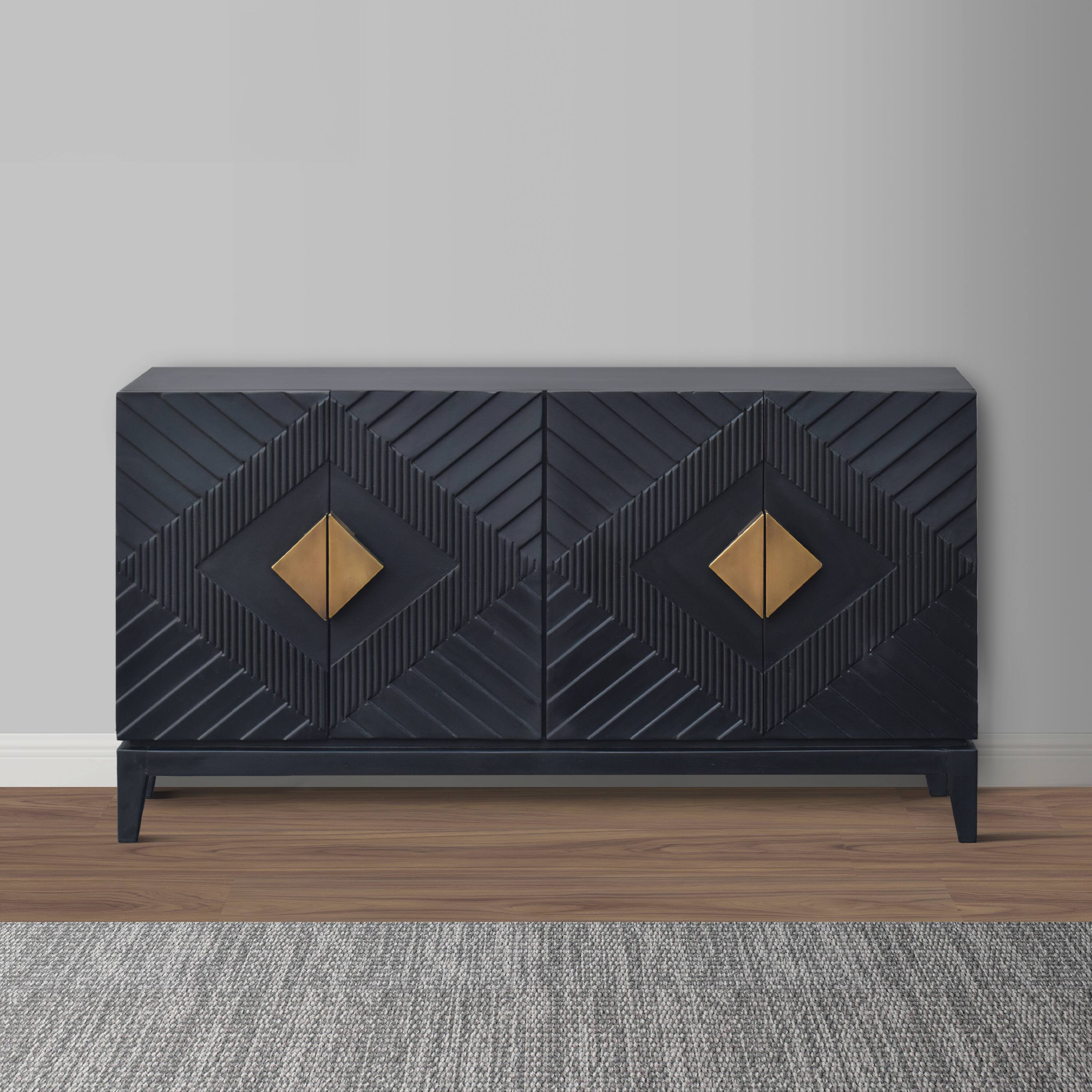 Alt View 9. Manhattan Lane - Abiel 55 Inch Sideboard Buffet Console with 2 Door Cabinet, Brass Coated Diamond Cut Handles - Black.