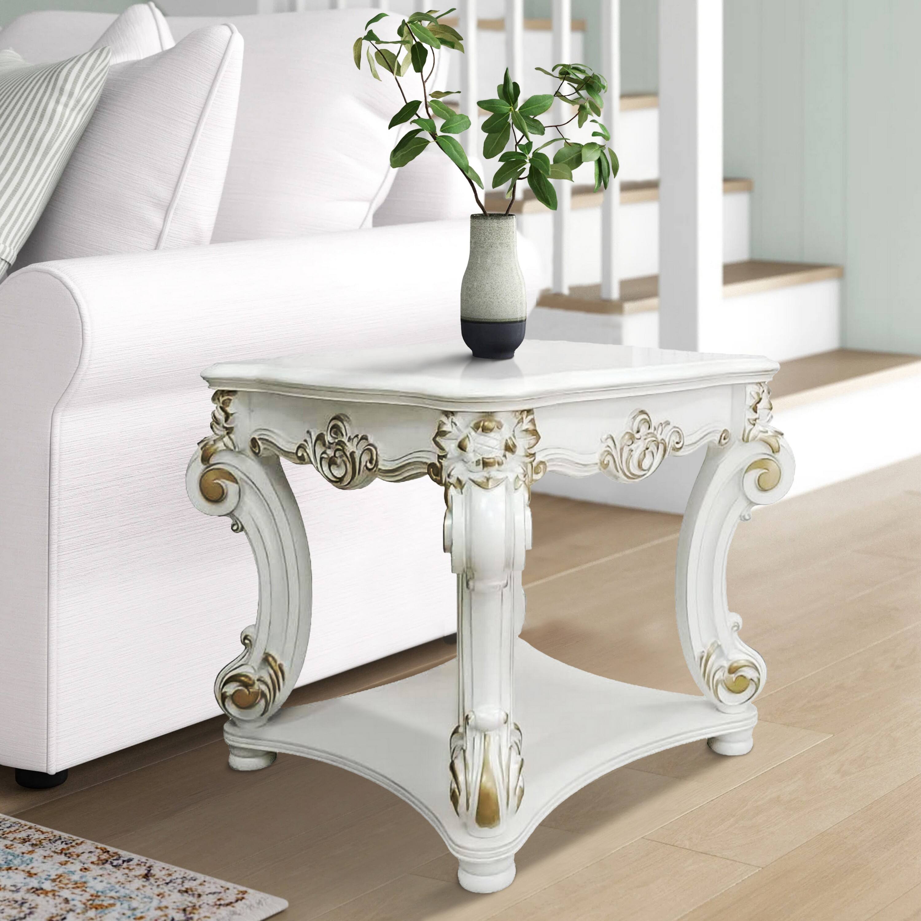 Alt View 5. Manhattan Lane - Jess 30 Inch Side End Table, Classic Scrolled Legs, 1 Shelf - White, Gold.