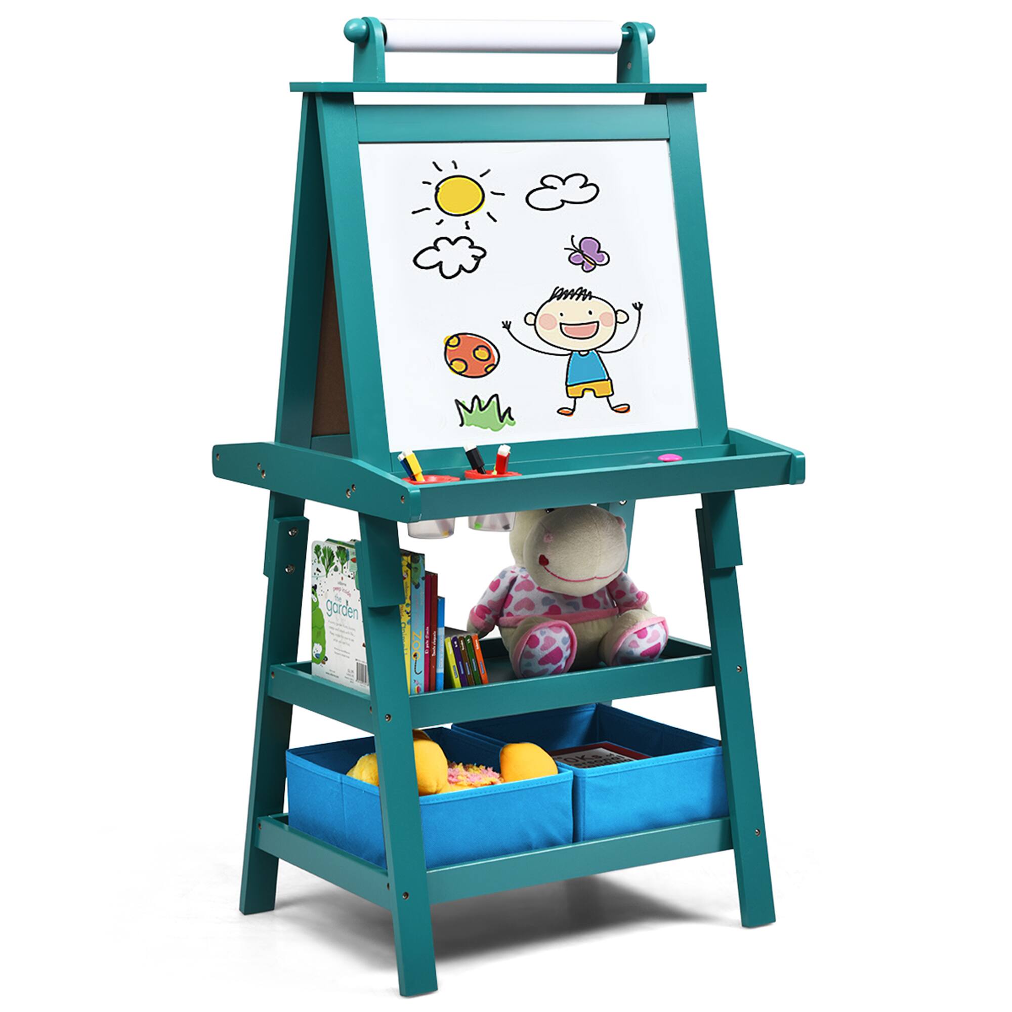 Front. Gymax - Gymax 3 in 1 Double-Sided Storage Art Easel w/Paint Cups for Kid Writing Teal Frosting - Teal Frosting.