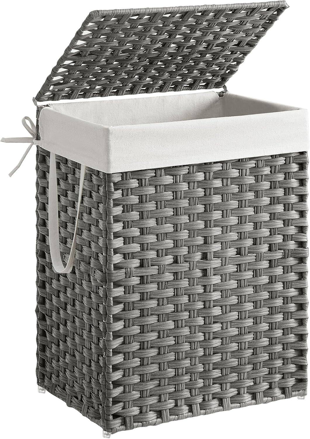 Front. Songmics Home - SONGMICS 23.8 Gallon Foldable Synthetic Rattan Clothes Basket with Handles and Removable Liner in Dove Gray - Gray.